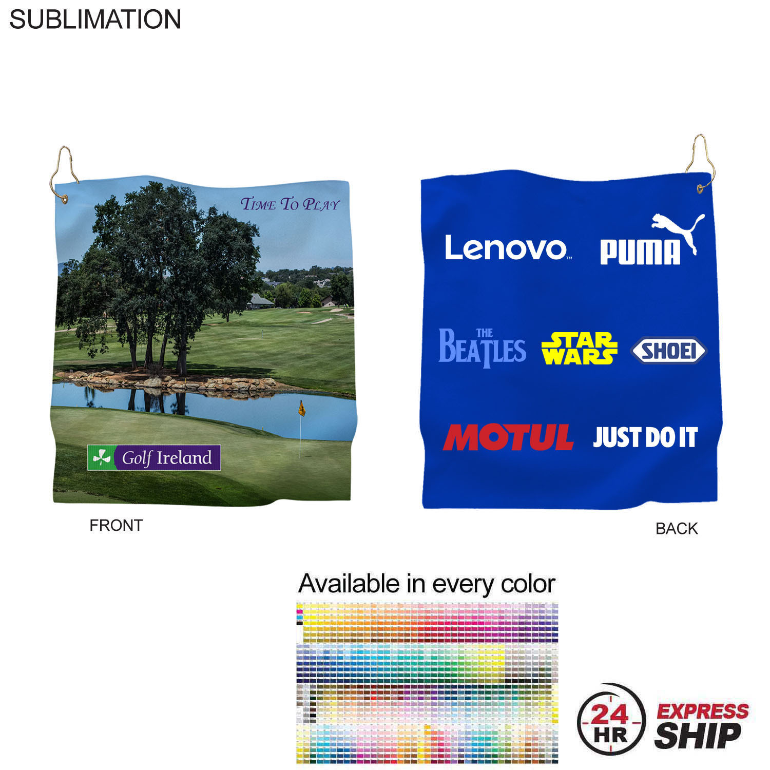24Hr Express Ship -Microfiber Suede Shammy Golf Towel, Nofold, Finish size 15x15, Sublimated 2 sides 4