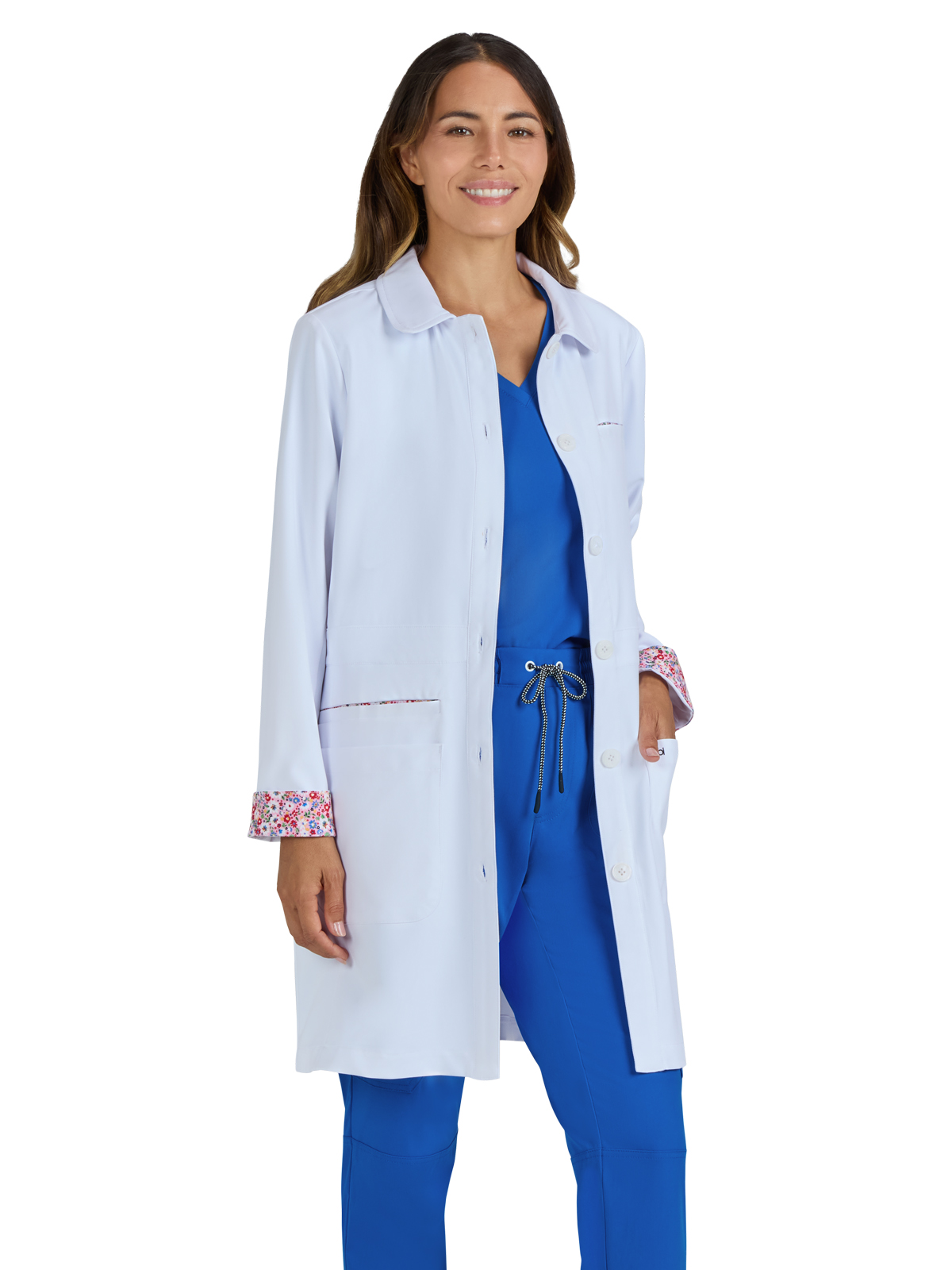 koi - Essentials - Women's Four-Pocket Pearlescent Button-Front 34.5" Fusion Lab Coat