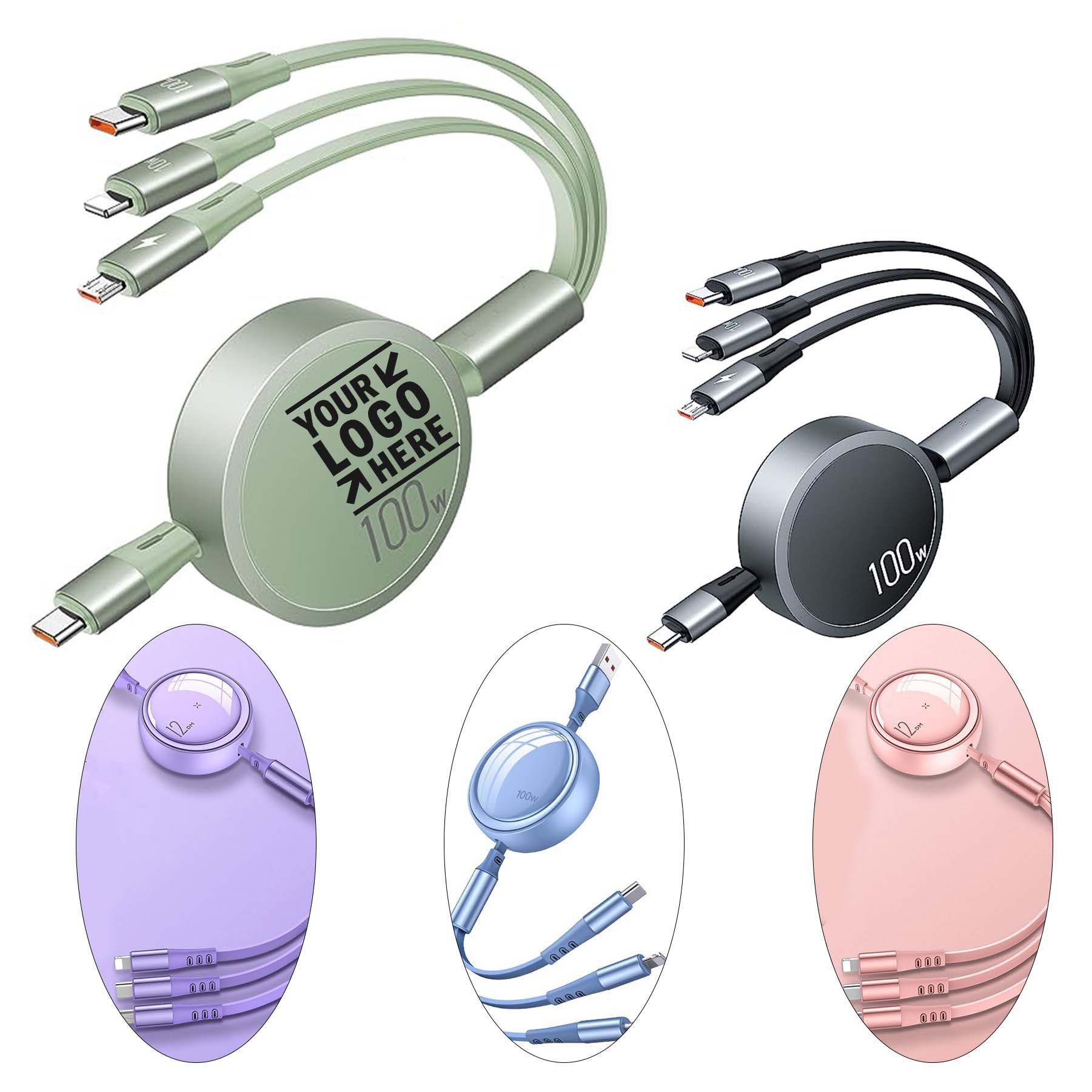 100W 3 in 1 Multi Travel Essential USB Retractable Charging Cable Phone Mac Charger Cord 1