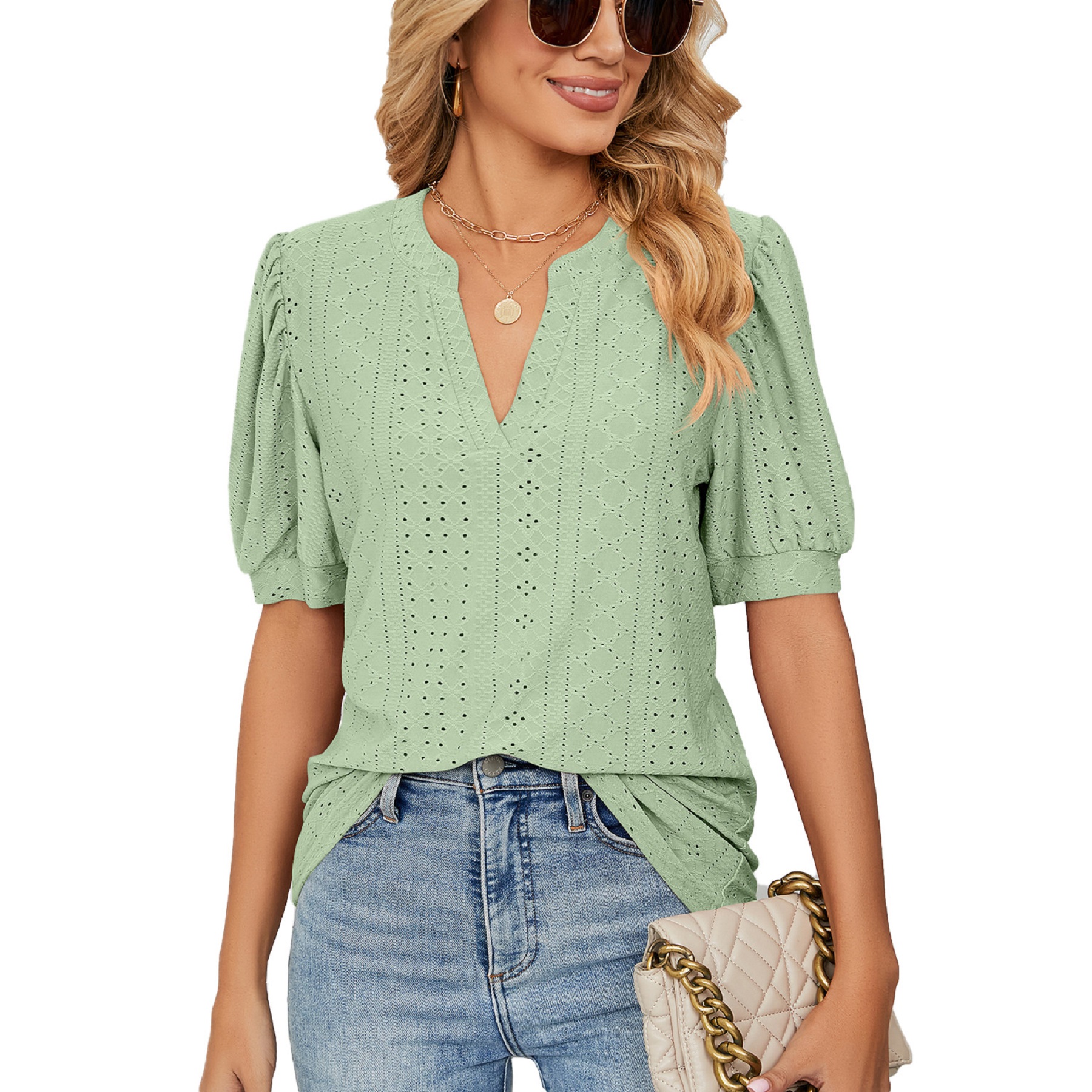 Women's Casual V Neck Solid Color Hollow Short Sleeve 1