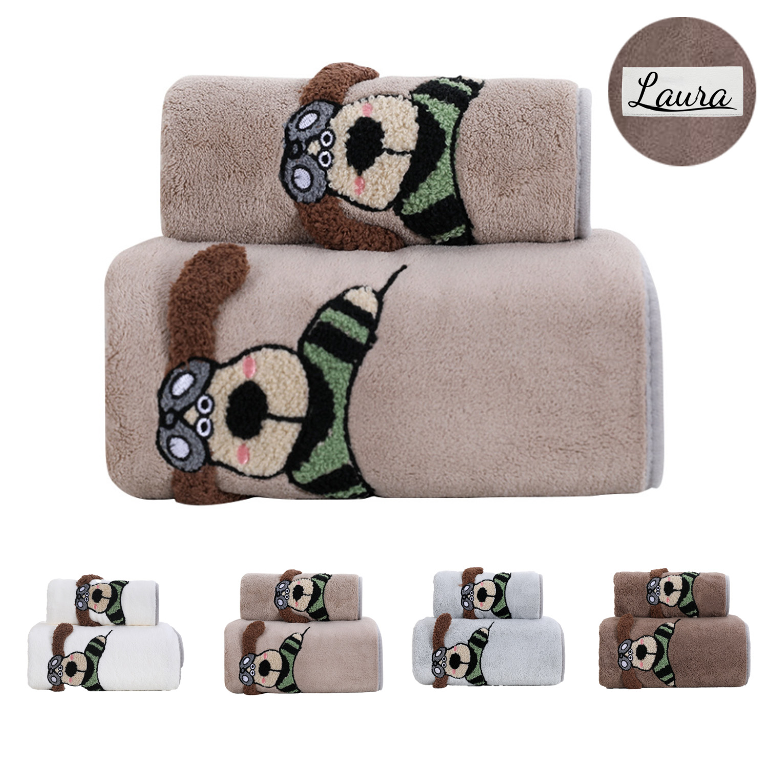 Dog Design Soft Absorbent Coral Fleece Towel Set 5