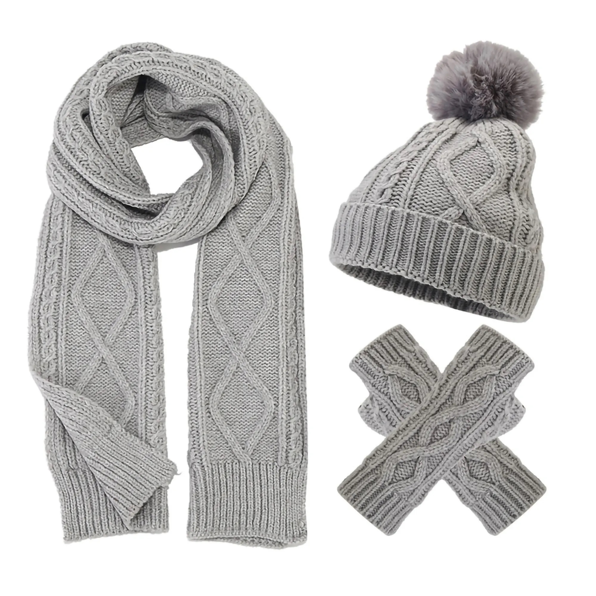 3Pcs Knit Set Hat Neck Warmer Scarf Touch Screen Gloves 3