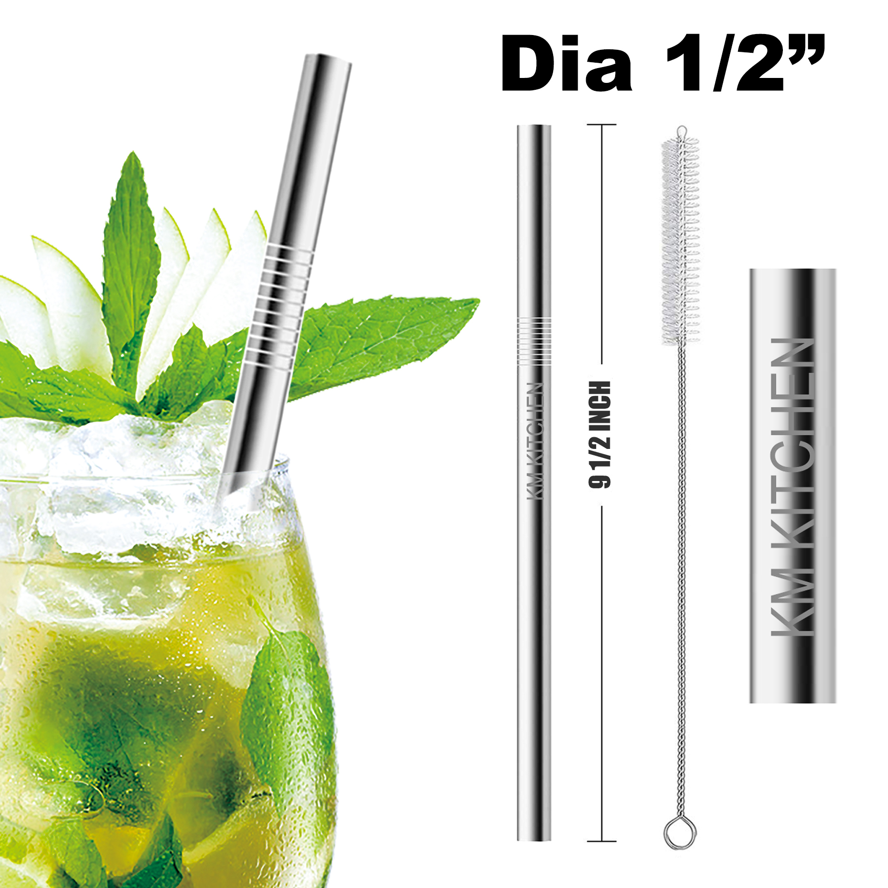 9 1/2"L 1/2"Dia Stainless Steel Straws 2