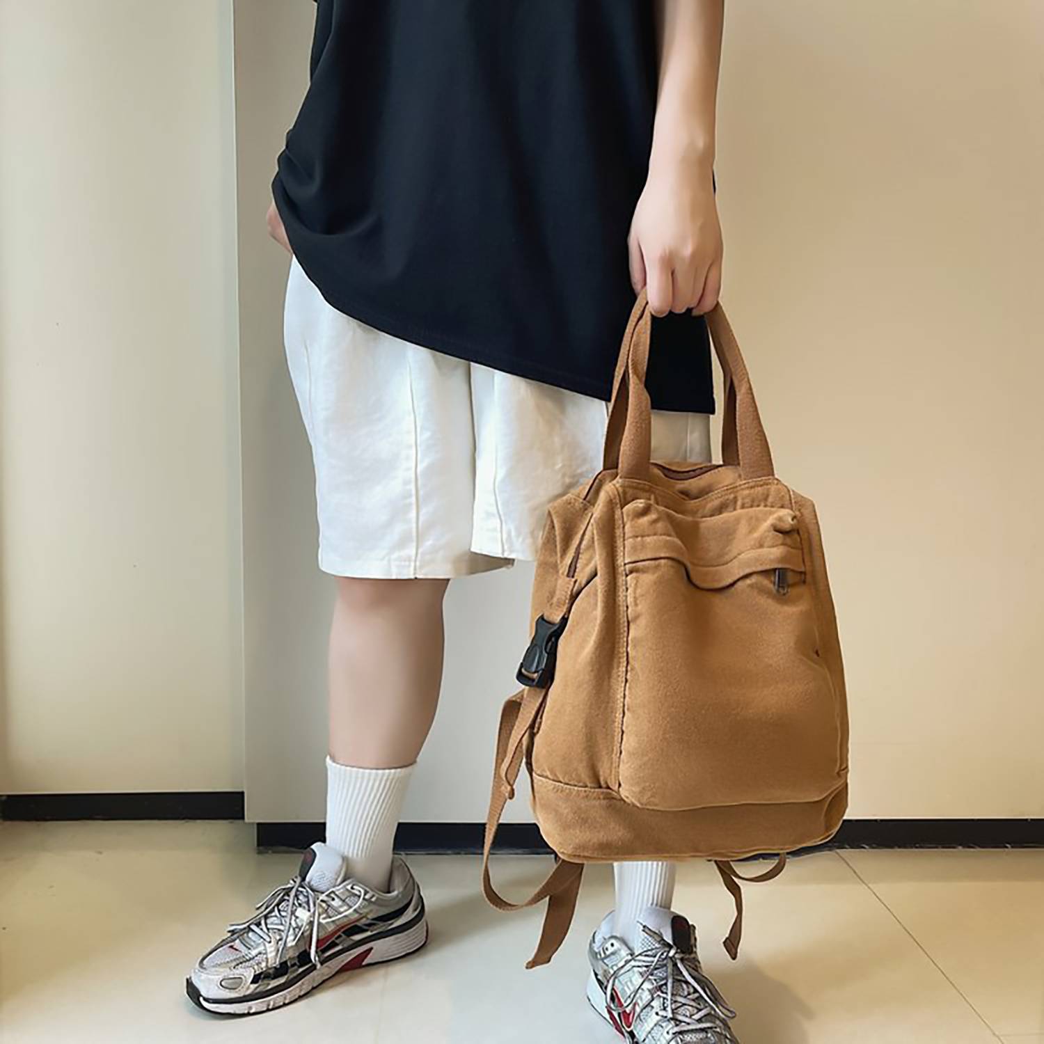 Solid-color Retro Nylon Multi-pocket Backpack 4