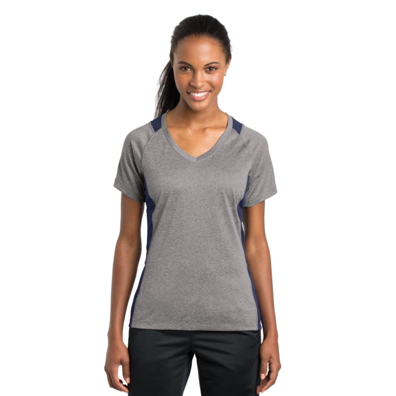 Sport-Tek Women's Heather Colorblock Contender V-Neck Tee. 23