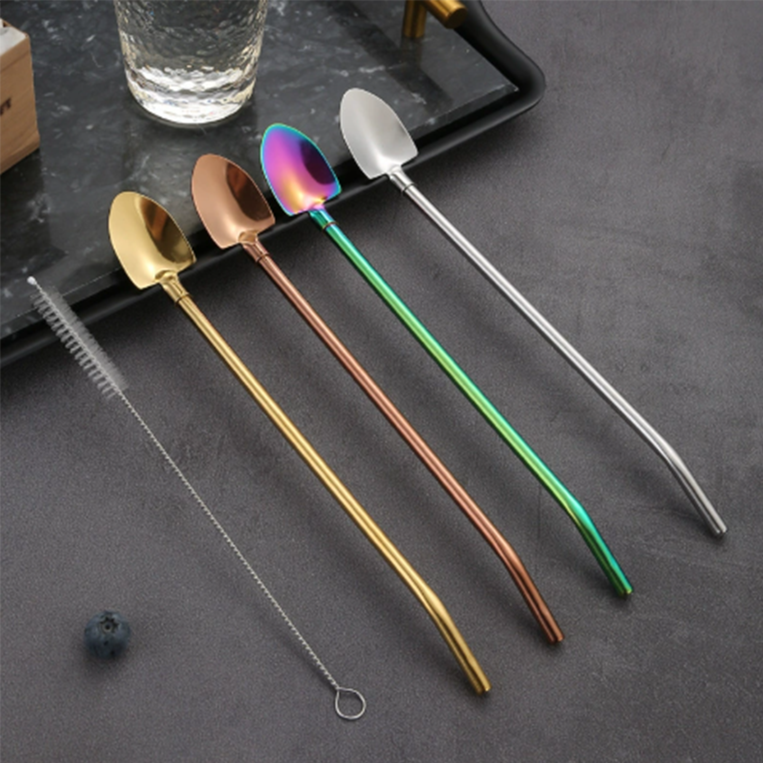 2 in 1 Stainless Steel Shovel Shape Straw Spoons 8