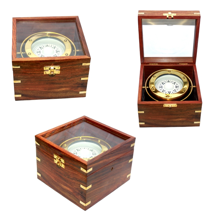 Jumbo Vintage Gimble Brass Compass in Teak Wood Box 4
