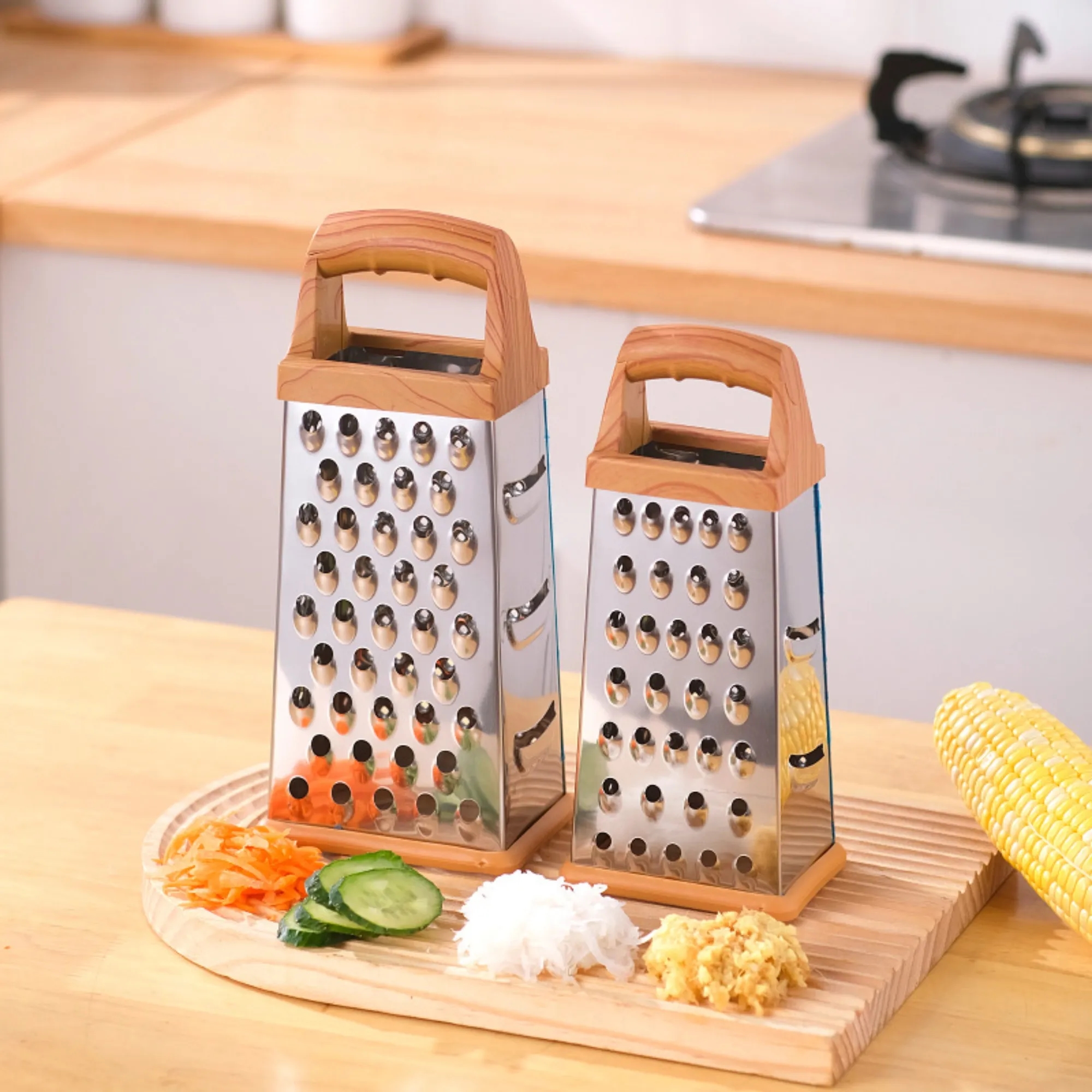 4-sided wooden handle stainless steel box grater 4