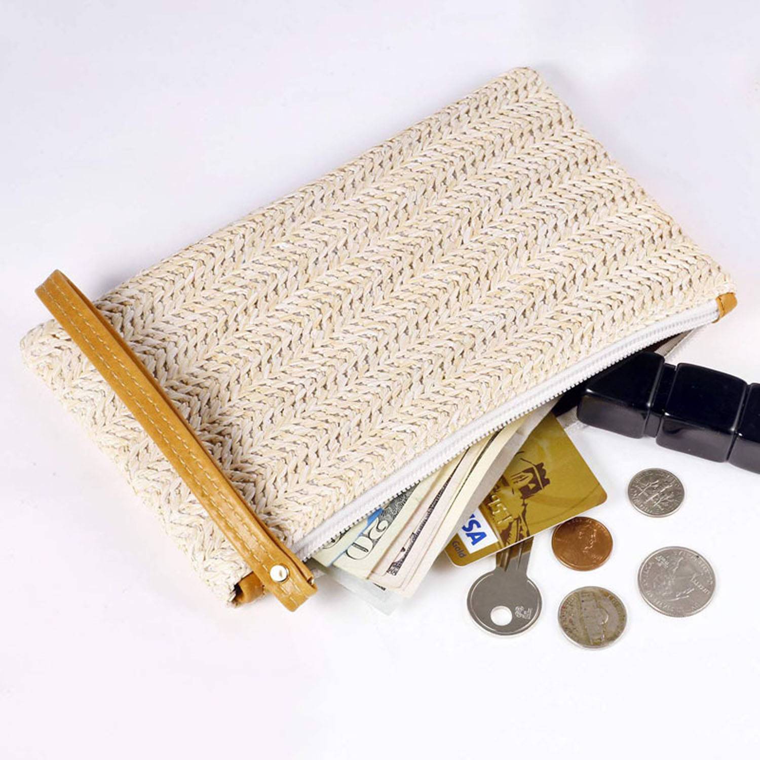 Women Stylish Portable Straw Handbag with Zipper 7