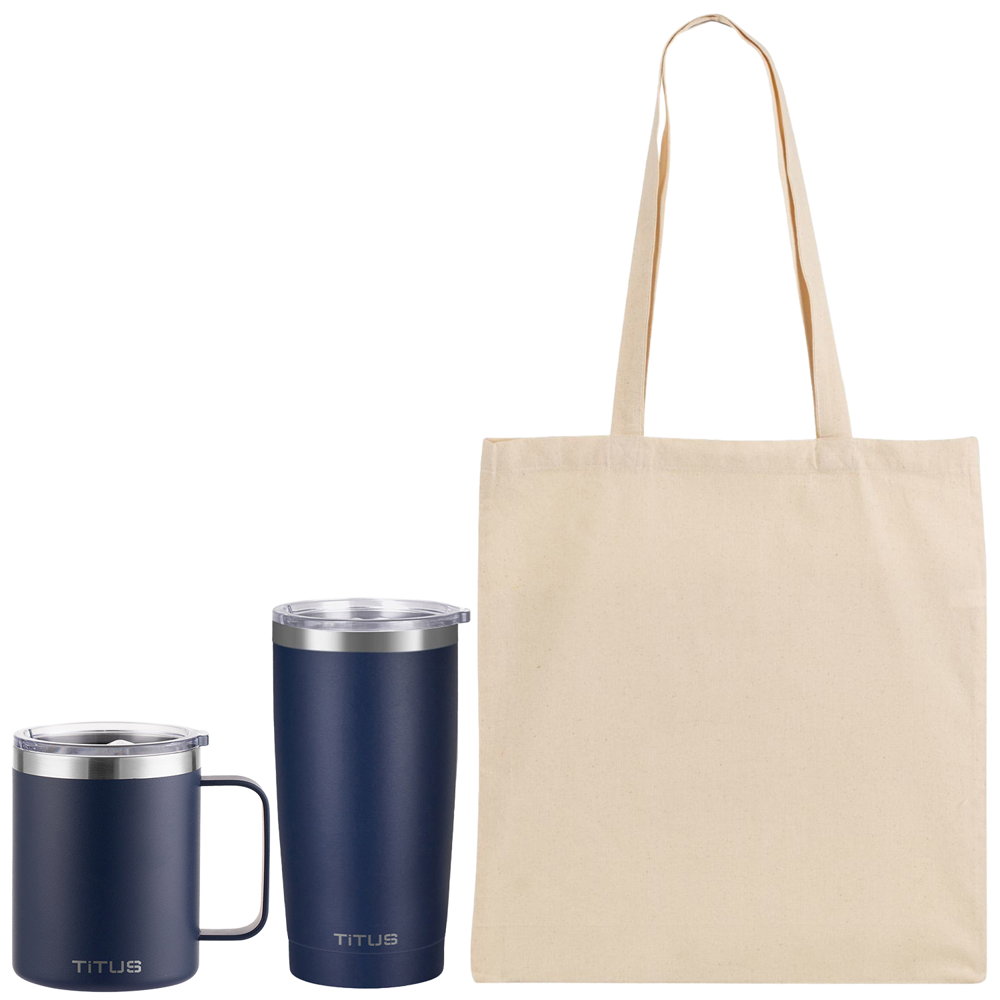 Premium TiTUS® Tumbler & Mug with Natural Canvas Tote Bag Executive Gift Box Set