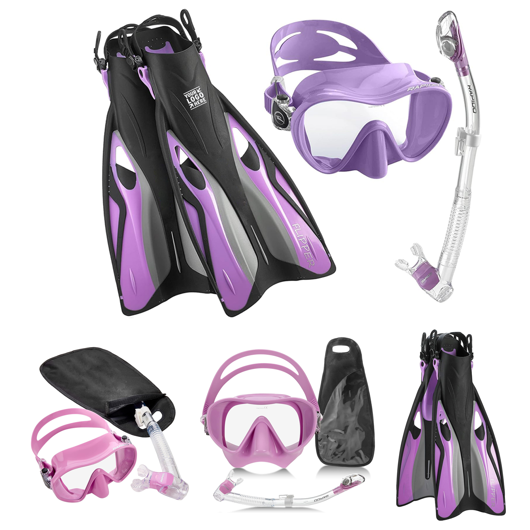 Premium Tempered Glass Lens Anti-Fog Panoramic Frameless Mask Fin Dry Snorkel Set