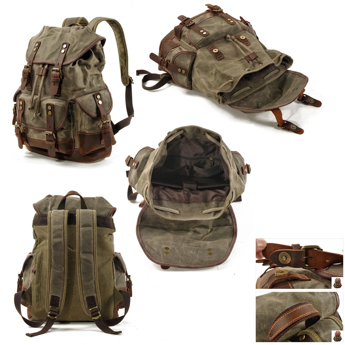 Vintage Waxed Canvas Cowhide Backpack 3