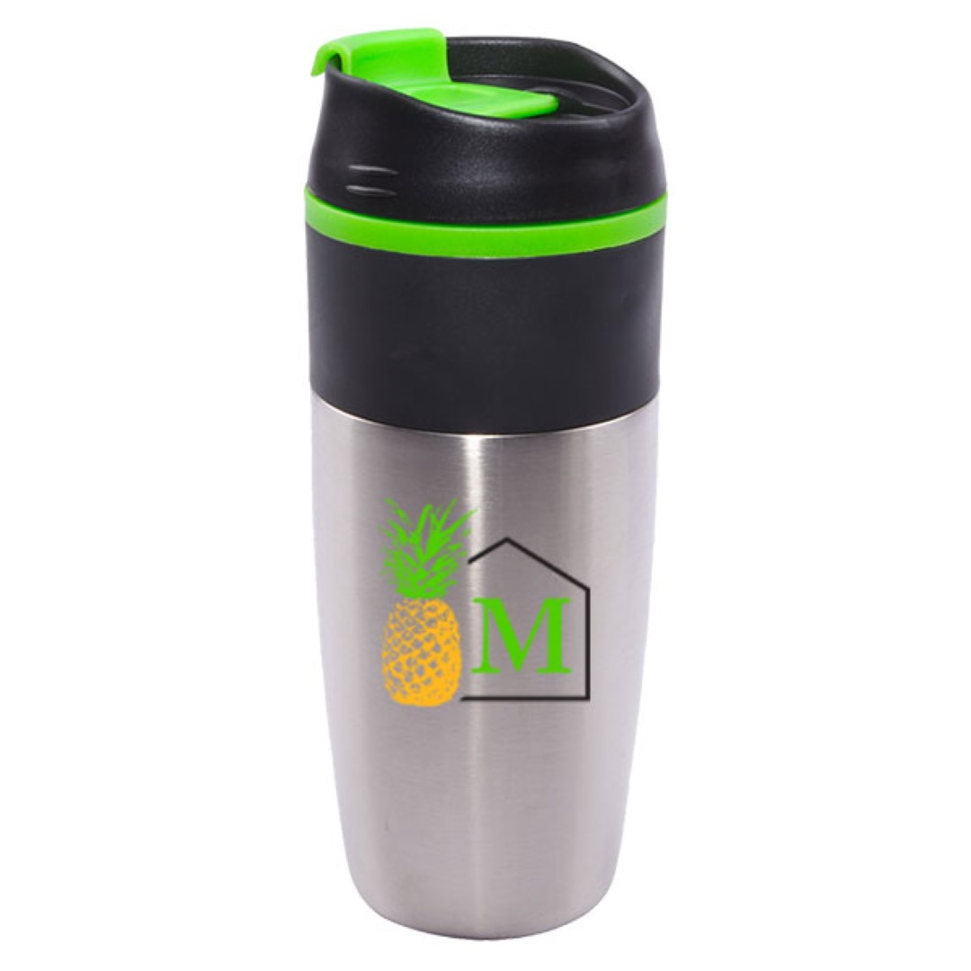 16 oz Bandit Black Stainless Steel Travel Mug with Black Lid and Green Accents