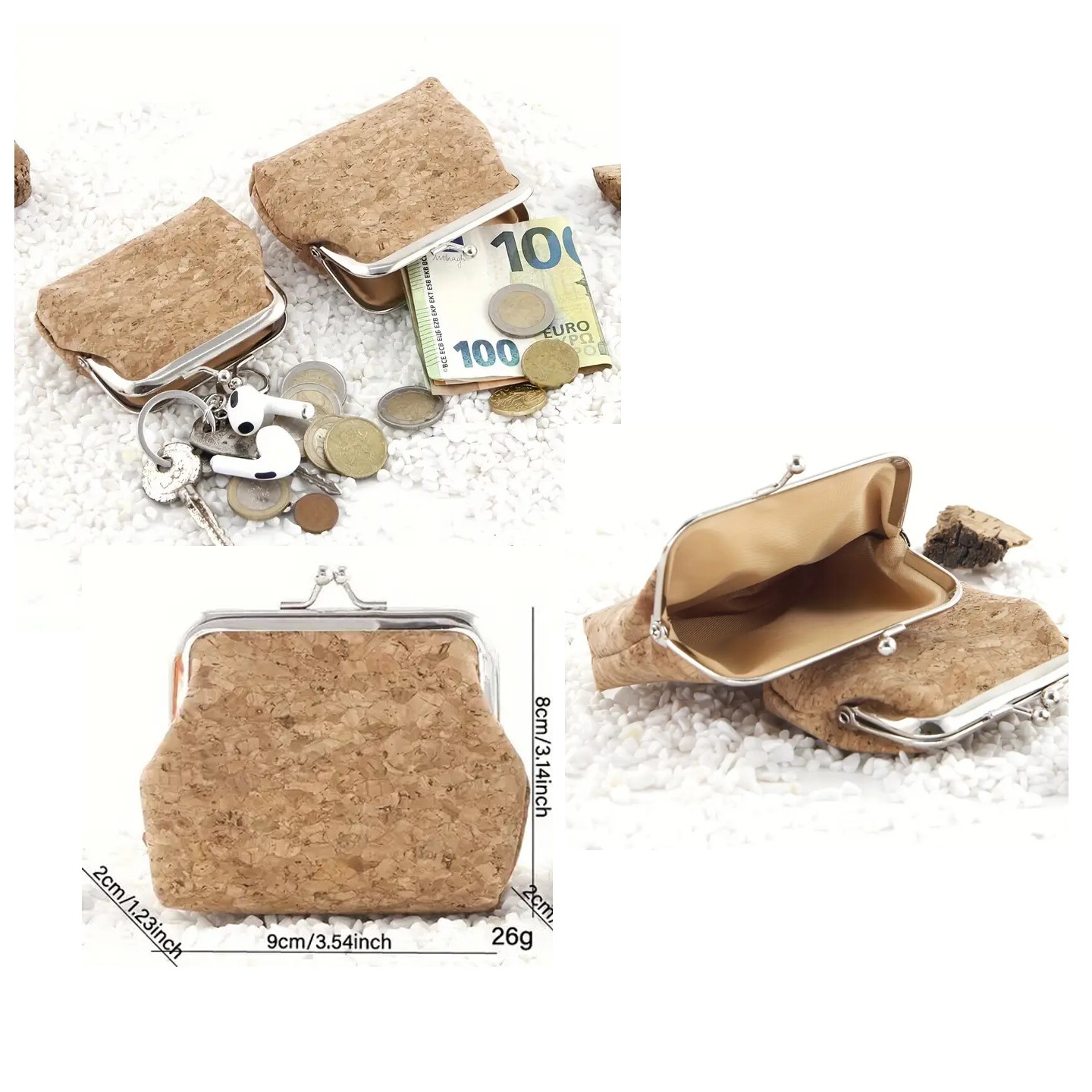 Retro cork coin purse with kiss Lock/leather wallet 4