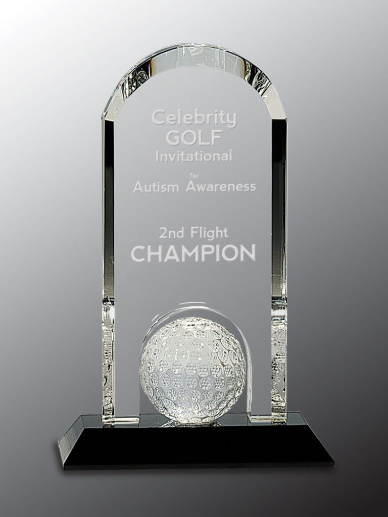 9" Clear Crystal Dome with Inset Golf Ball on Black Pedestal Base Award