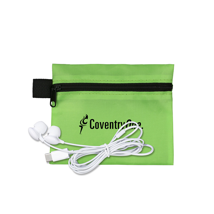 Mobile Tech Earbud Kit In Zipper Pouch Components inserted into Polyester Zipper Pouch 15