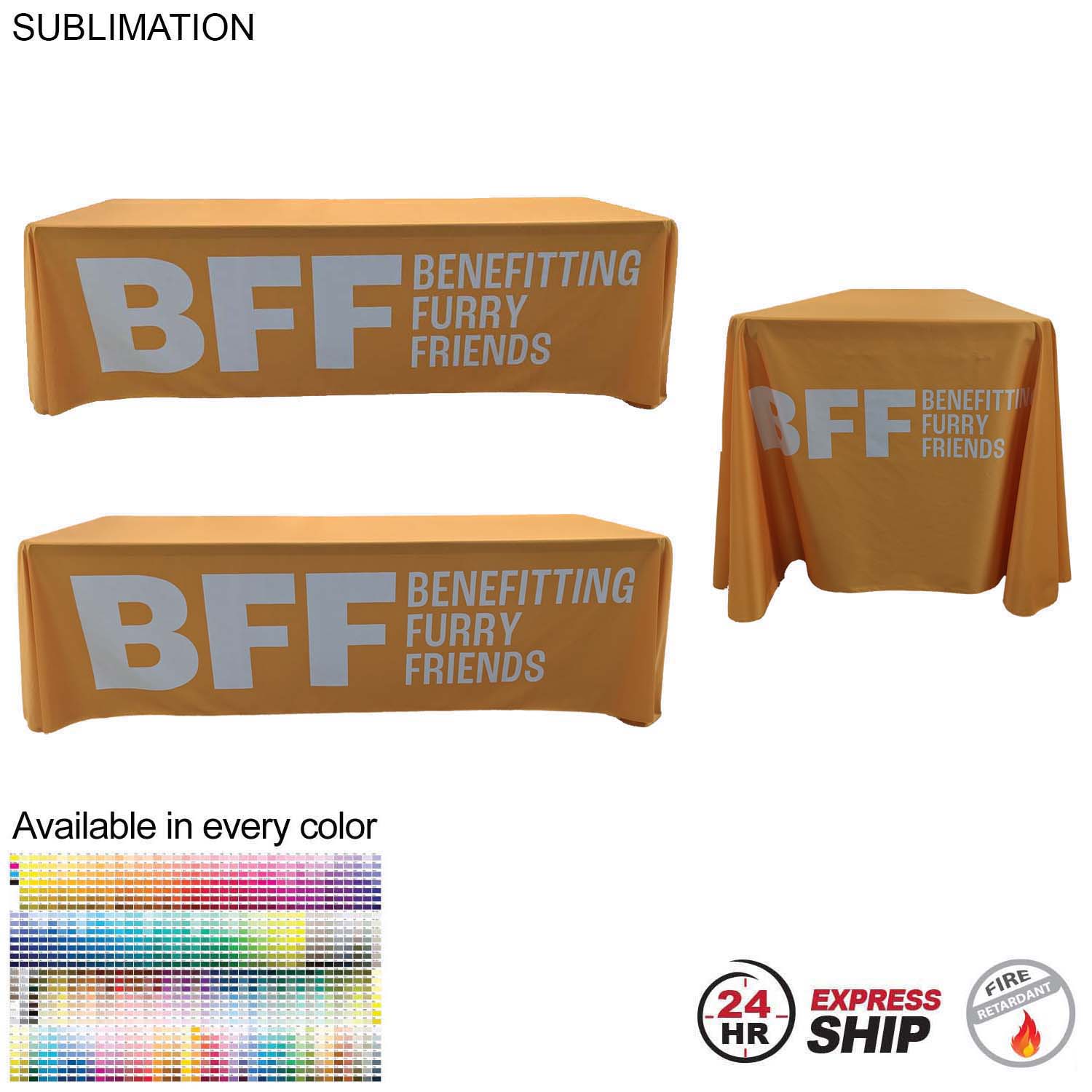 24Hr Express Ship - Sublimated PREMIUM Cloth for 8' table, Drape style, Closed Back, Rounded Corners 7