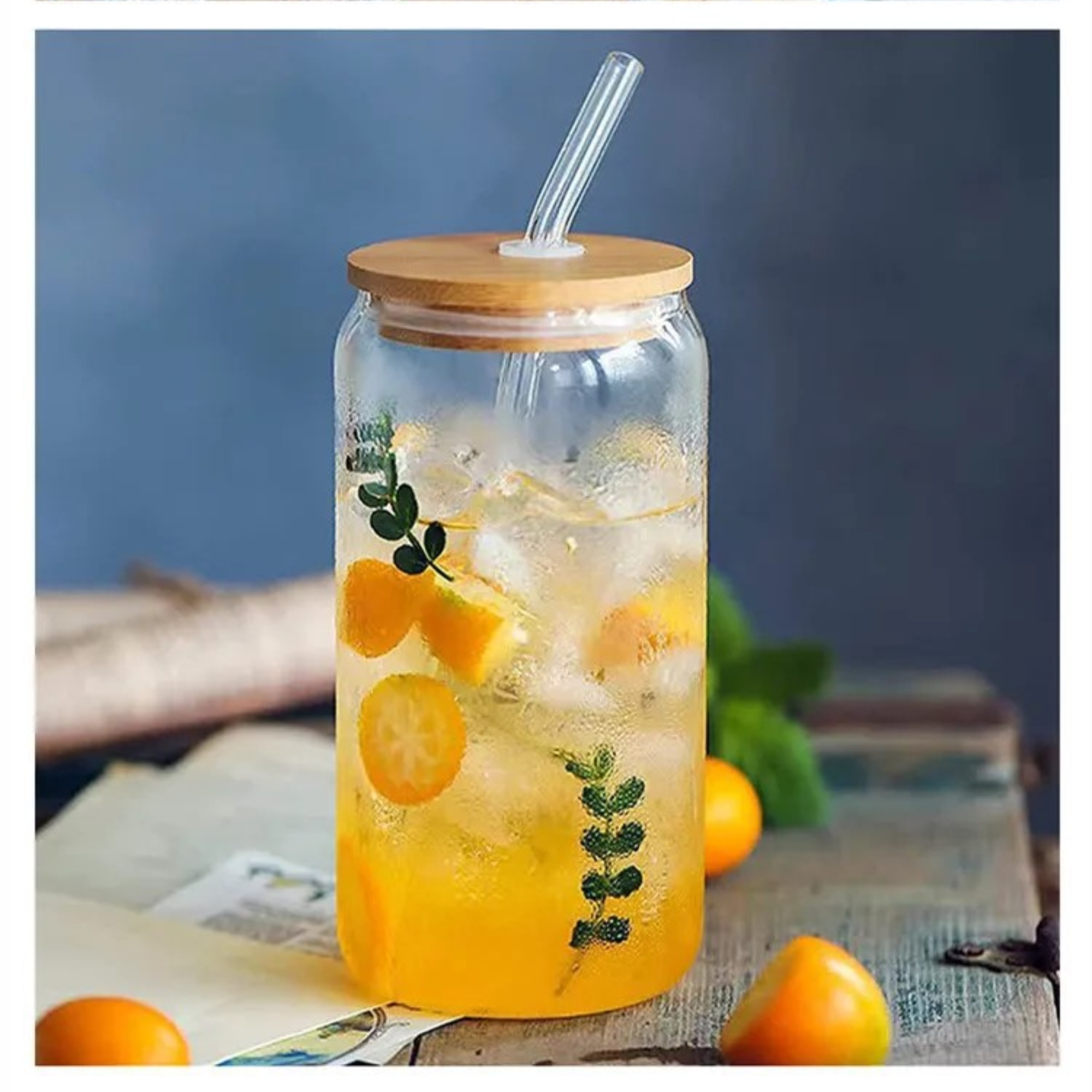 4-piece glass cup set with bamboo straw and lid, with brush 5