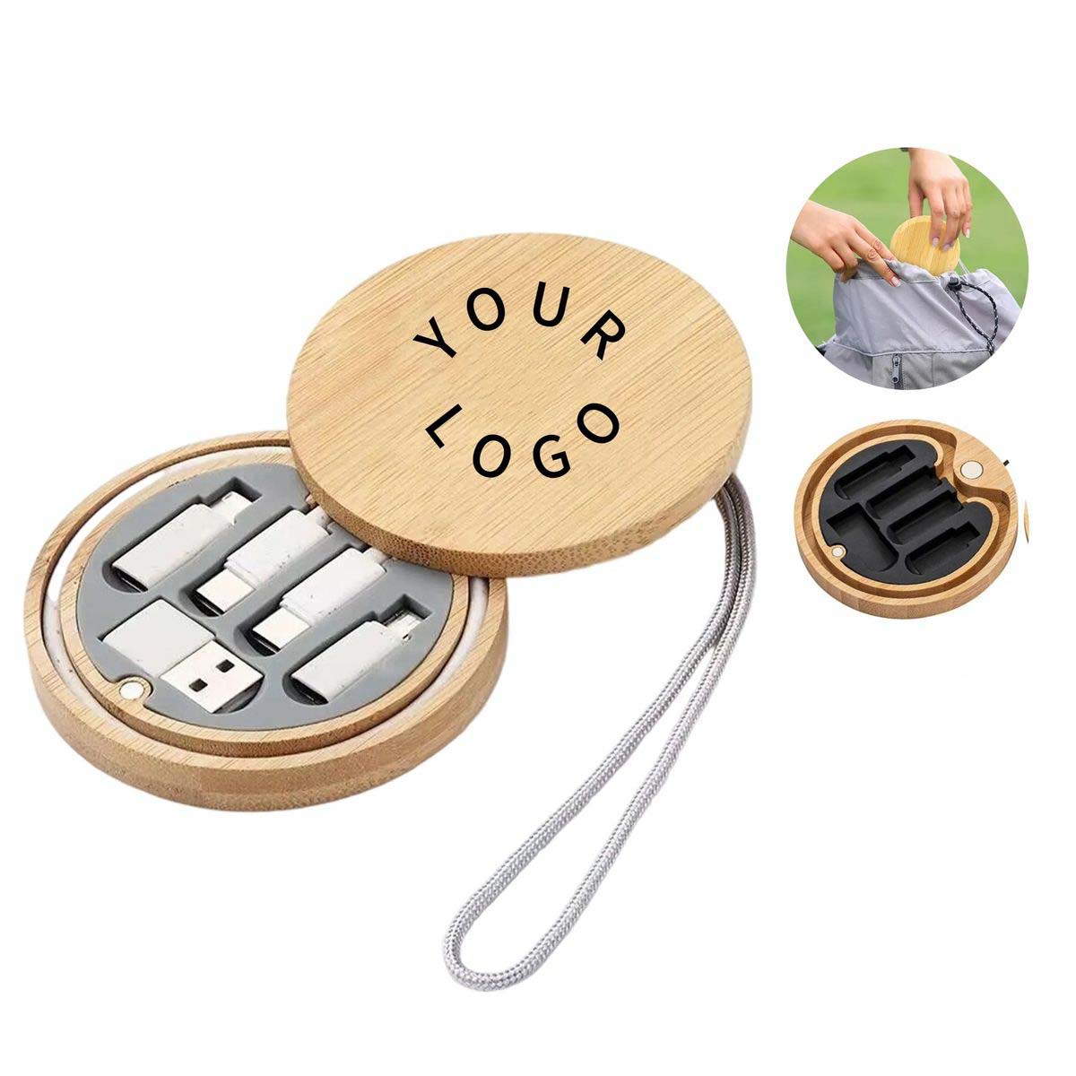 Round Bamboo USB Charger Kit with Adapters 3