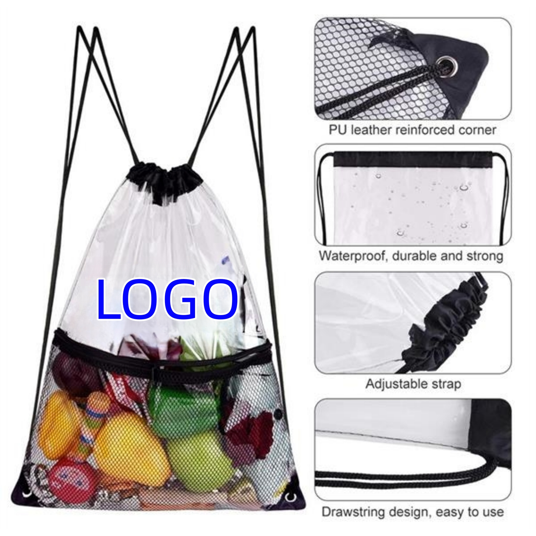Transparent Drawstring Bag With Mesh 2