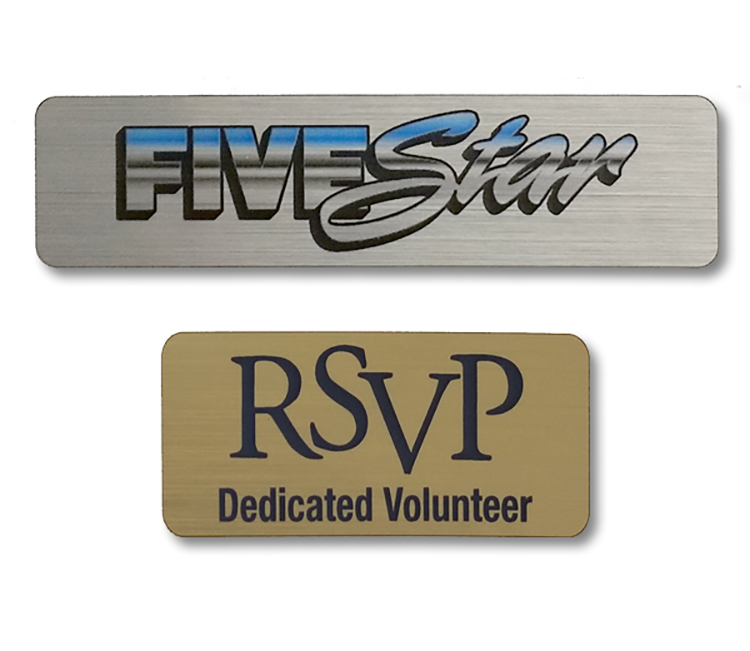 The Zeus full color metallic plastic name badge up to 3 sq" 9