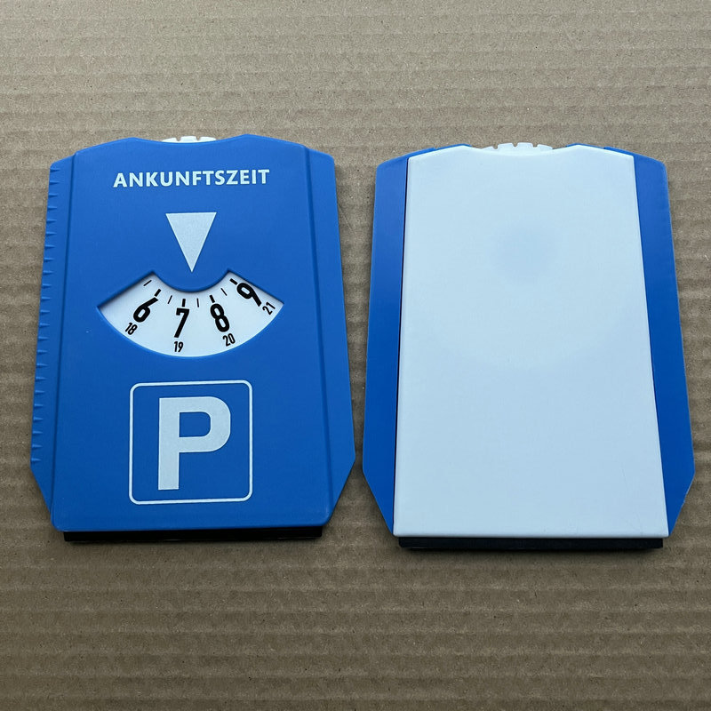 Parking time card with ice scraper 3
