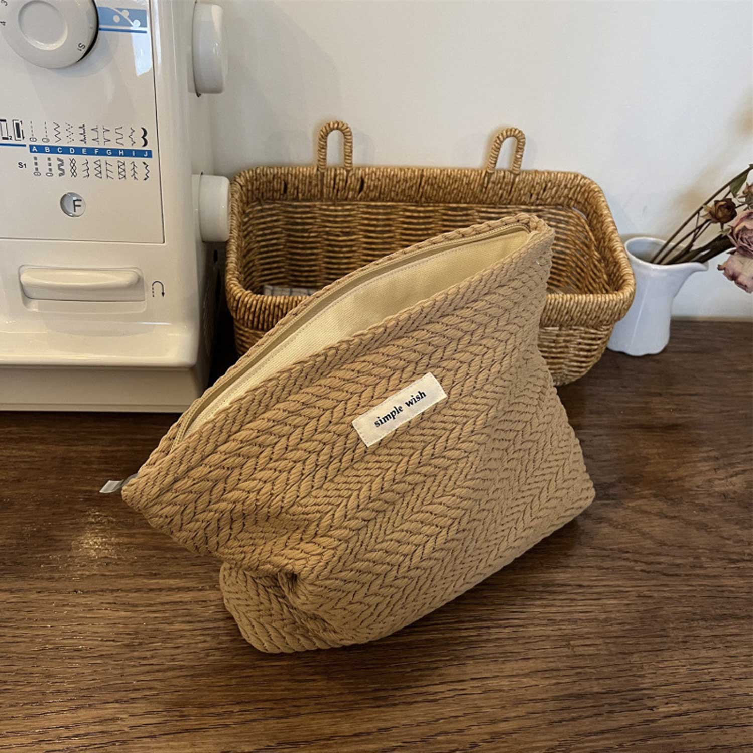 Plaid Woven Makeup Bag - Neutral Grain Pattern Cosmetic Case 3