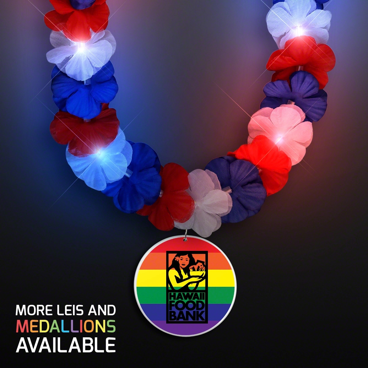 Red, White & Blue LED Hawaiian Lei with Rainbow Medallion 3