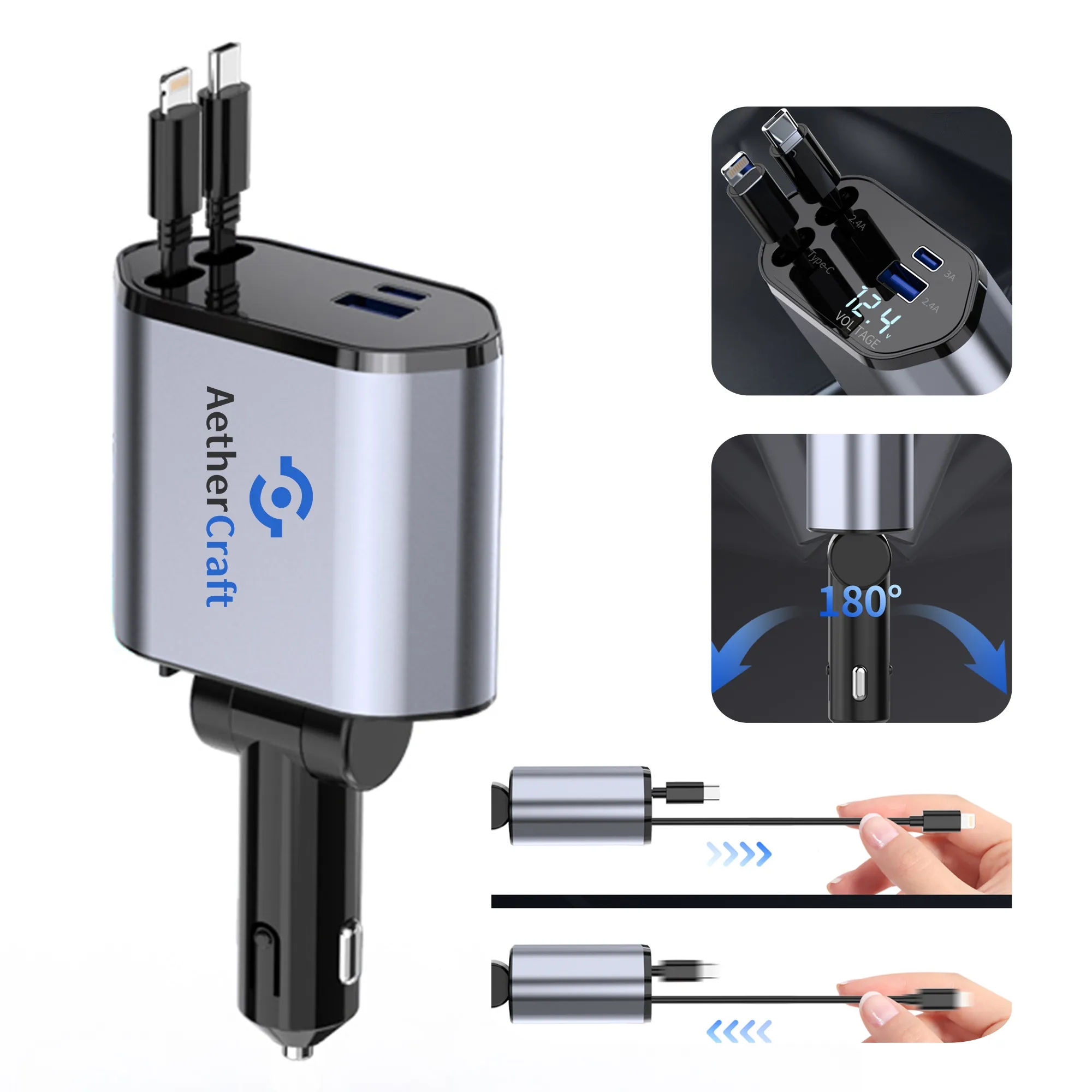 Retractable Cable Car Charger 120W with Adjustable Angle 4