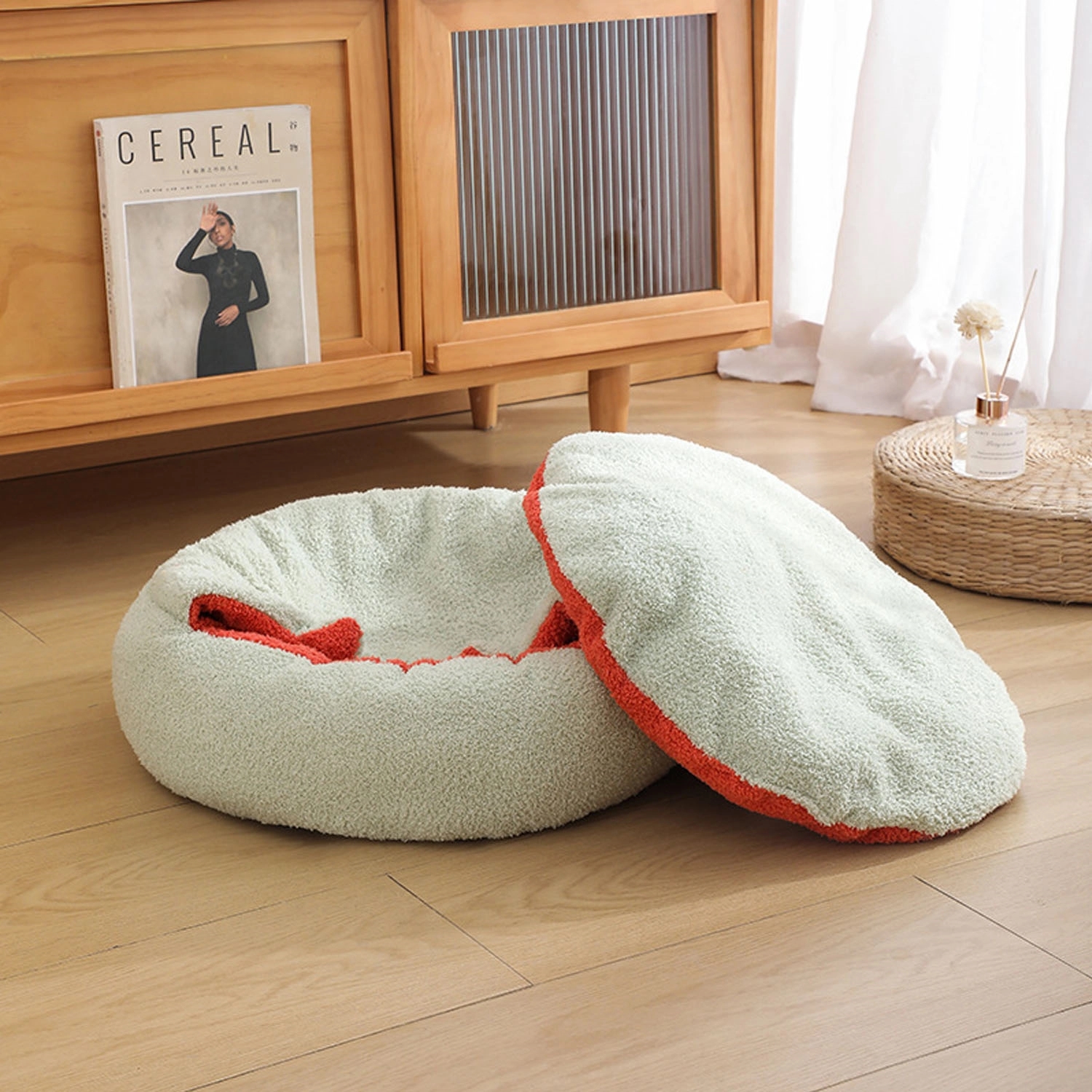 Calming Pet Beds With Hooded Cover Washable Anti-Slip Buttom 3
