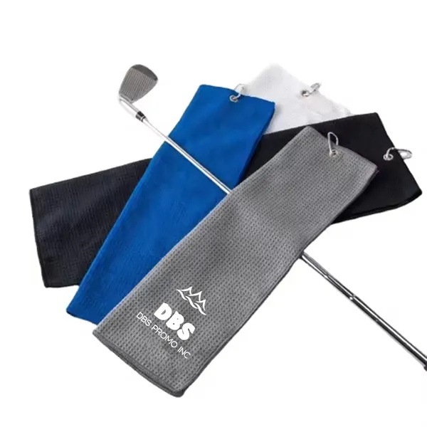Microfiber Waffle Tri-fold Golf Towel with Carabiner Hook