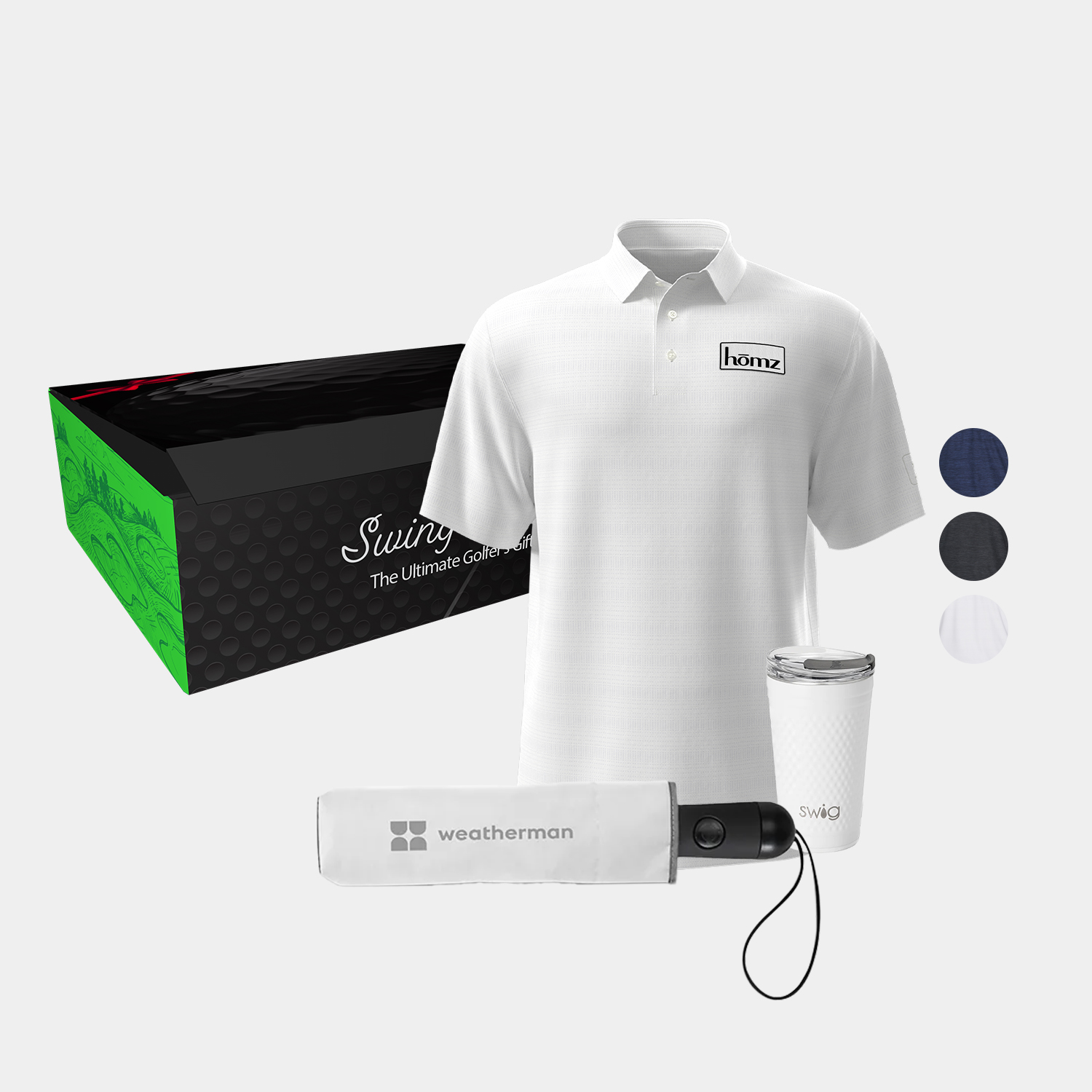 20 oz SWIG® Golf Flip & Sip SS Water Bottle, PGA TOUR® Jaspe Airflux Men's Golf Polo & Weatherman® Umbrella Gift Set 6