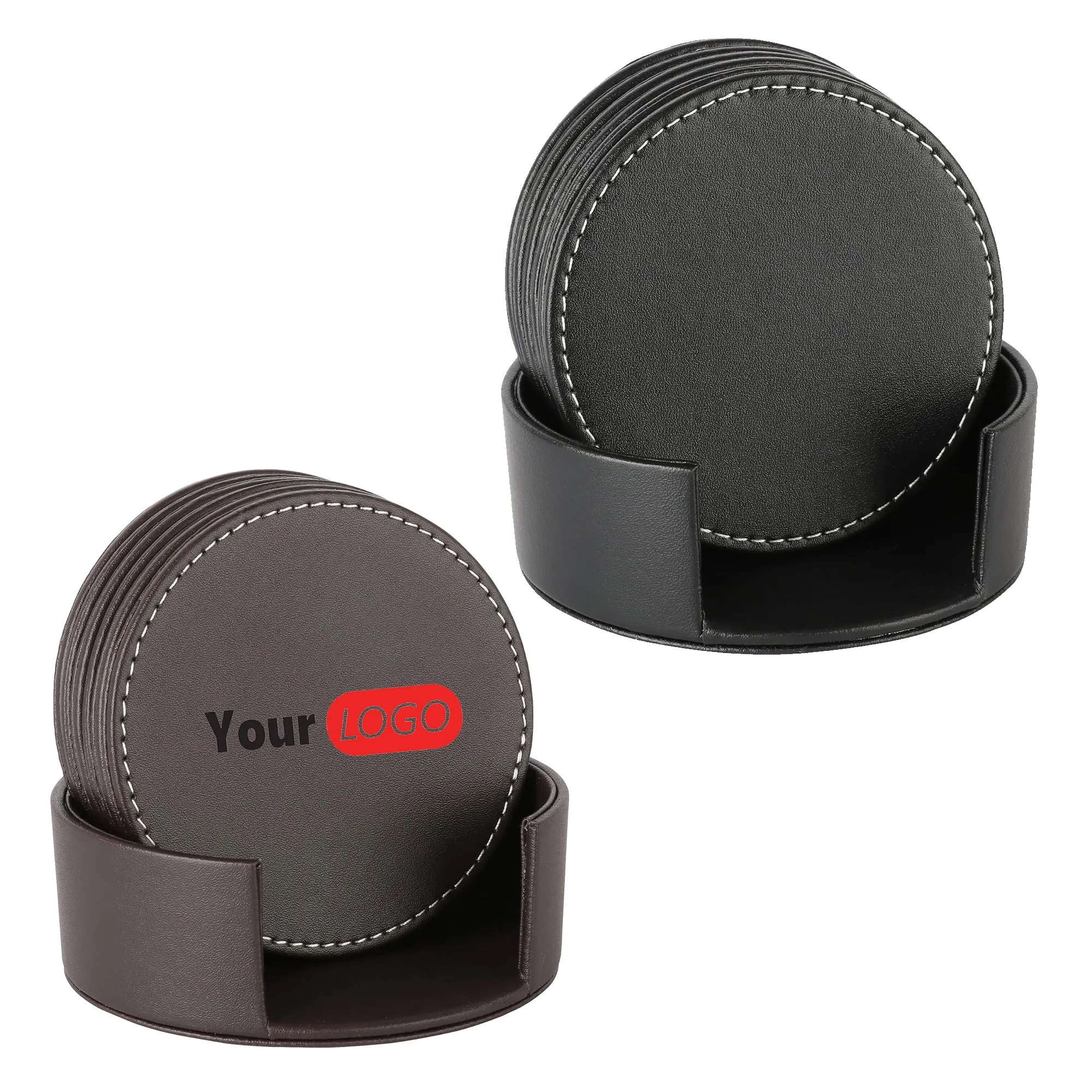 Set of 6 Round Leather Coffee Coasters 2