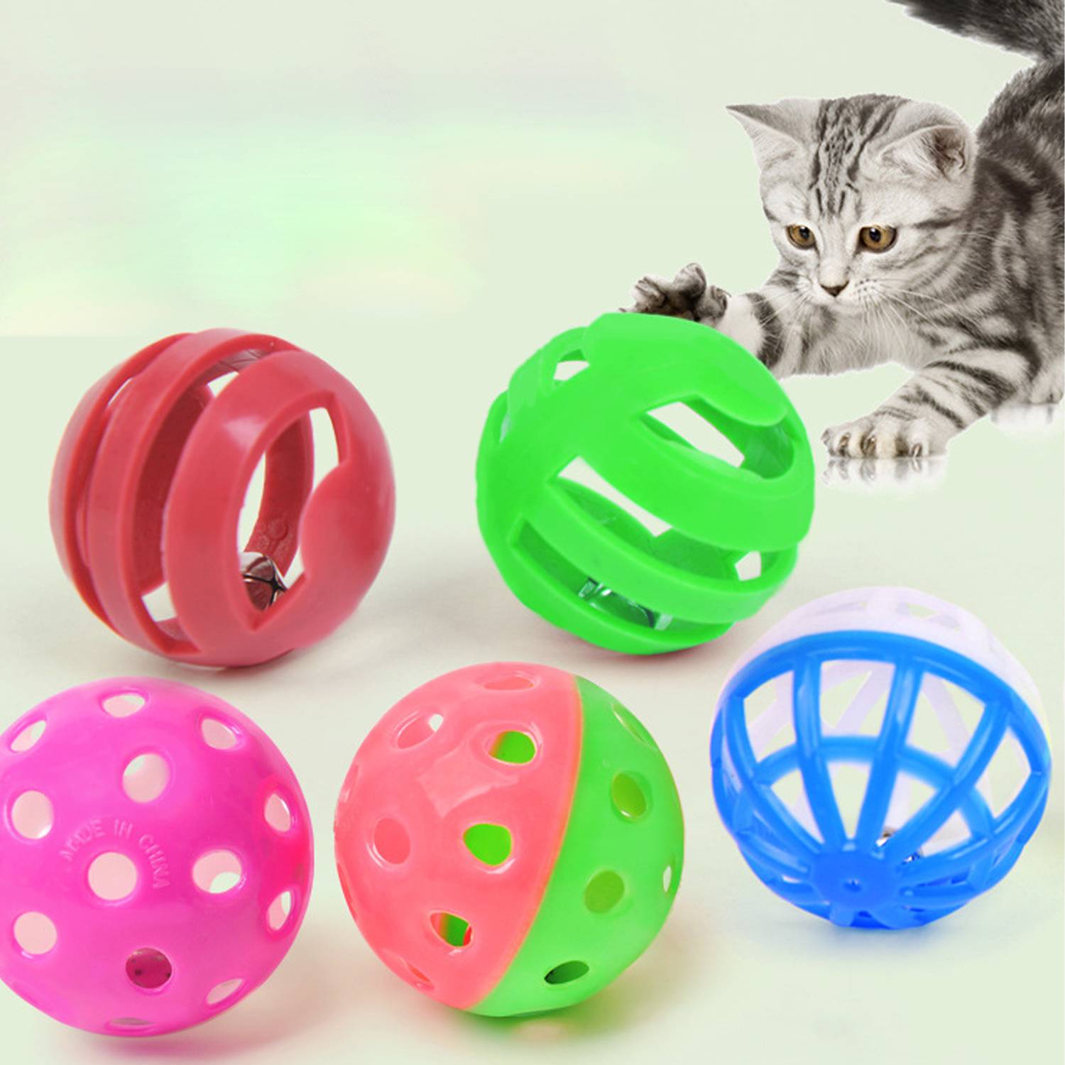 Pet Toy Round Hollow Plastic Bell Cat Teasing Ball 8