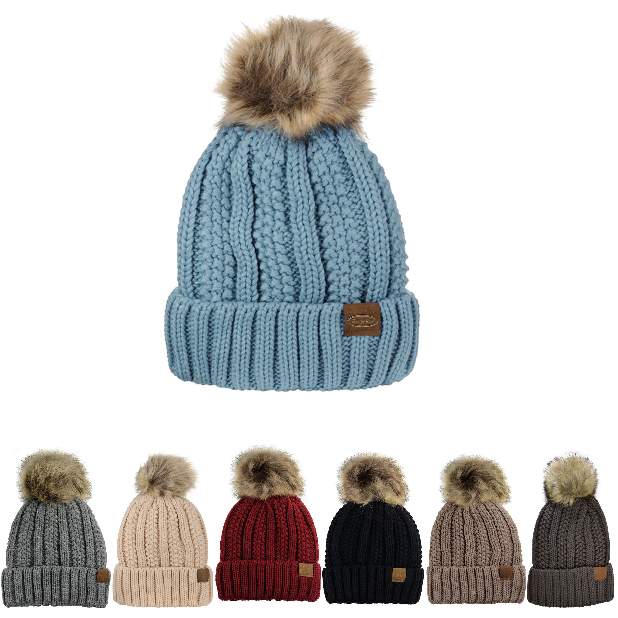 Cable Knit Beanie with Faux Fur Pom and Fleece Lining for Comfort 3