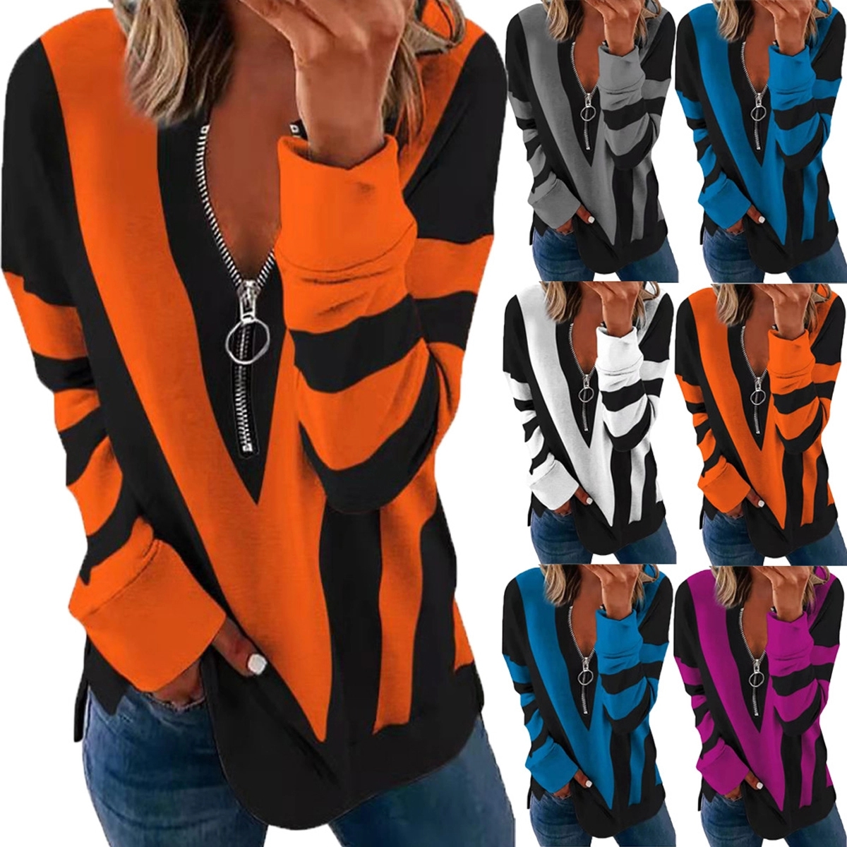 Long Sleeve Zipper V Neck Printed Tops T-Shirts 5