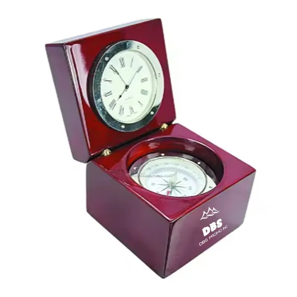 Elegant Piano Wood Desk Clock with Compass