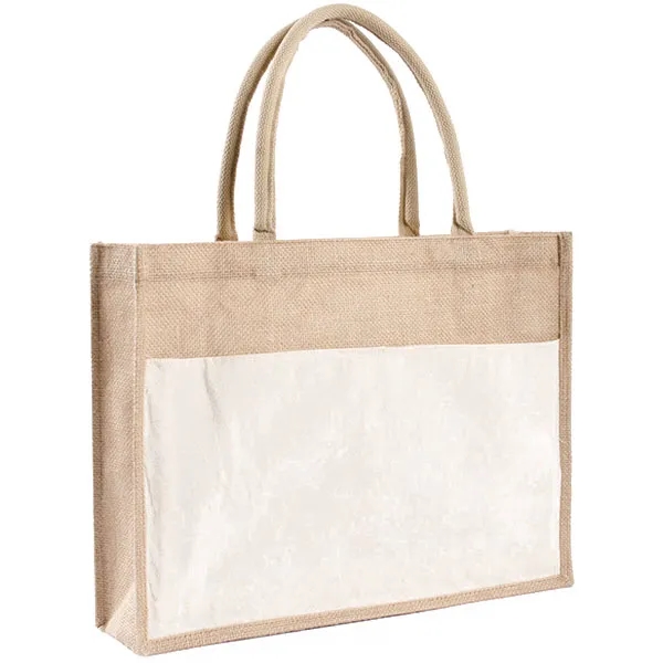 Large Jute Tote with Canvas Front Pocket, custom tote bag with logo imprint 3