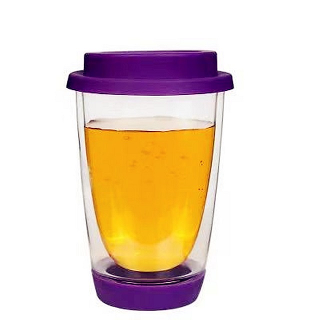 Double Wall Glass Cup w/ Colorful Silicone Lid 12 oz 2