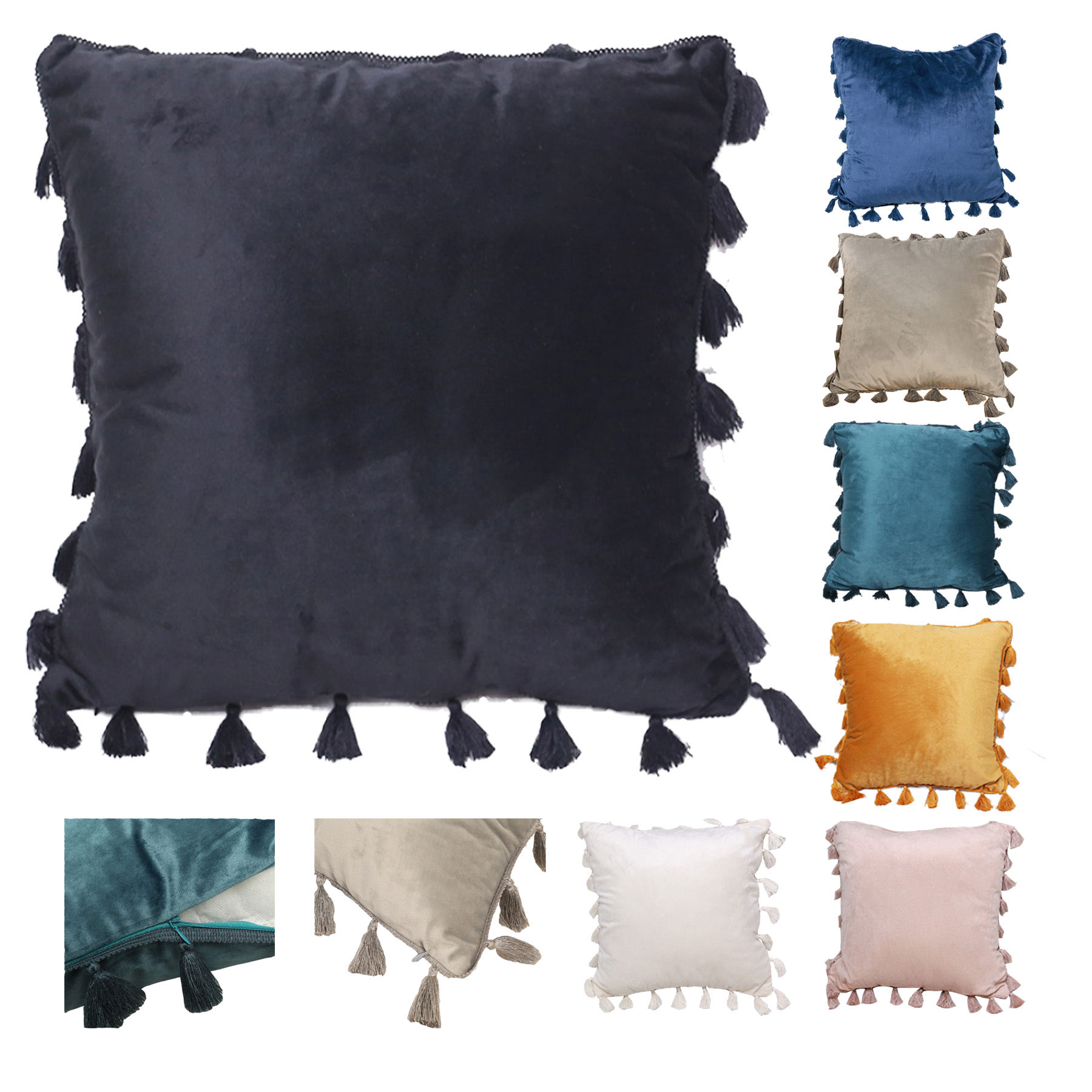 Soft Velvet Solid Square Throw Pillow With Tassels 1