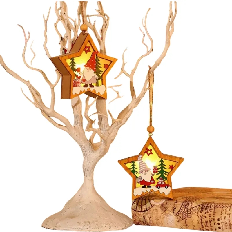 Christmas Ornaments LED Wood Star Round Luminous 4