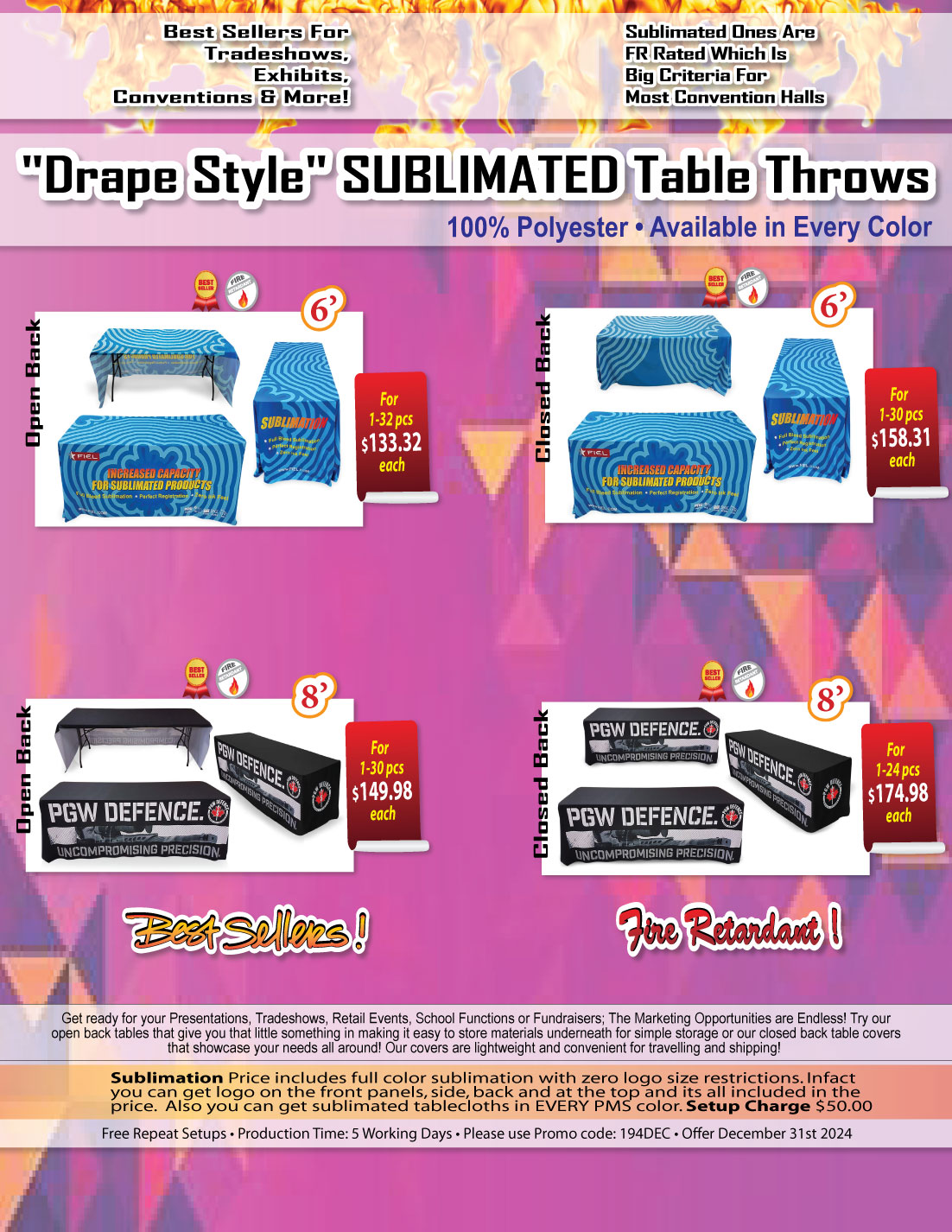 Sublimated Table Cloth for 8' Table, Drape Style, 3 sided, Open Back 20