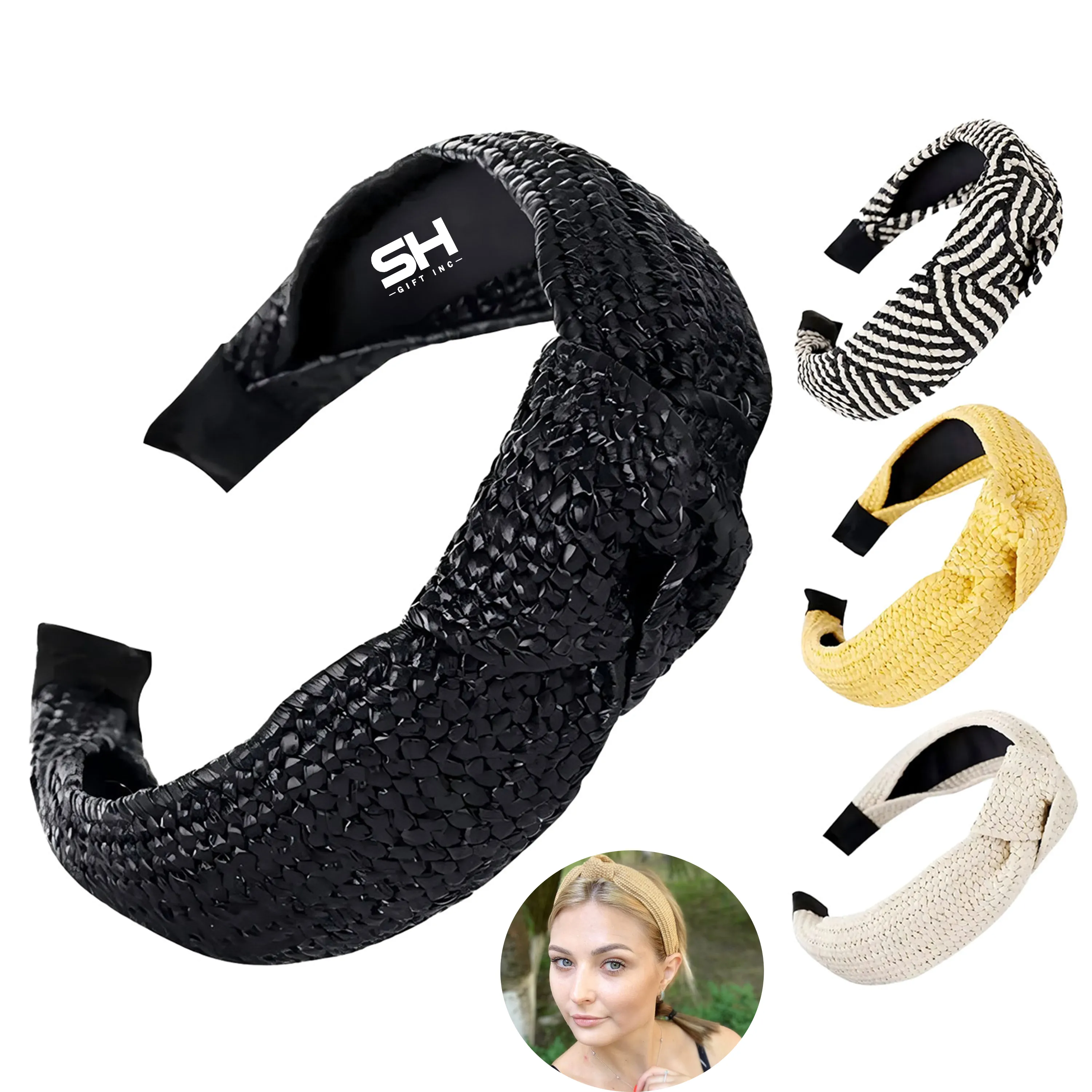 Wide Brim Straw Headband for Women -Elegant Knot Design 2