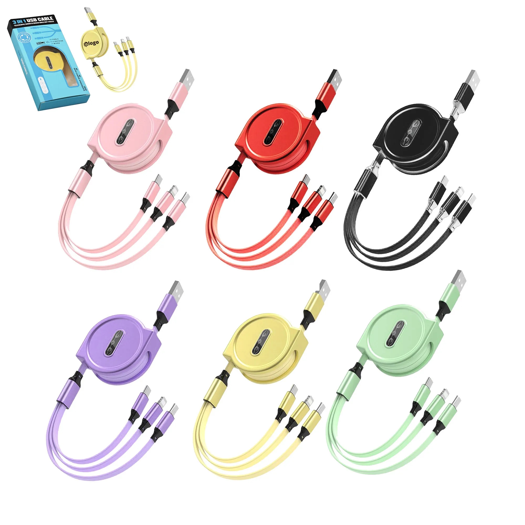 Custom Retractable 3 in 1 Charging Cables MOQ 100pcs
