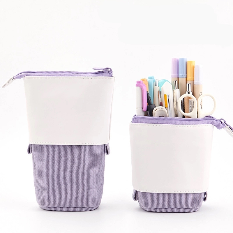 PU & Corduroy Stand-up Retractable Pen Pencil Organizer Bag 11