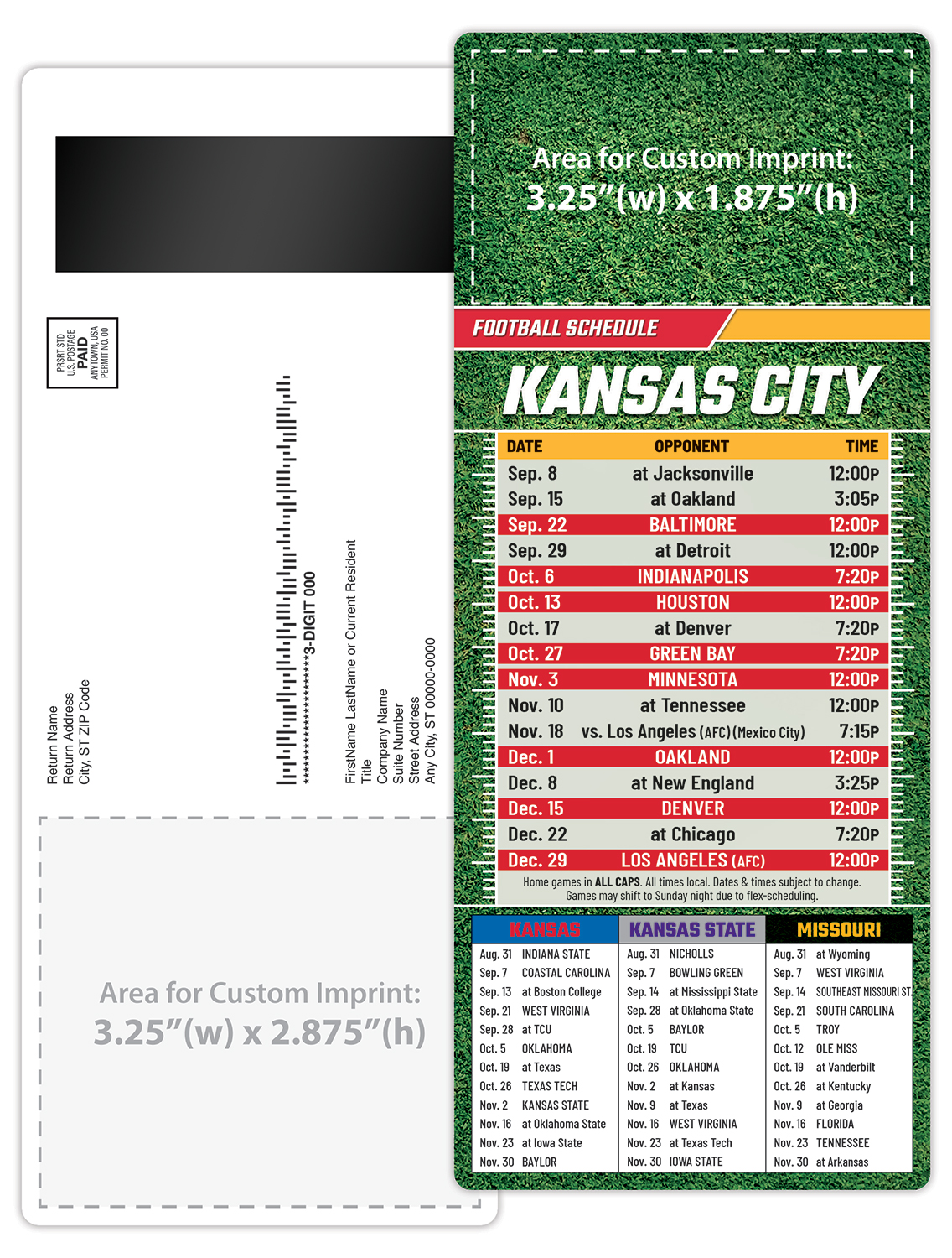 Football Schedule Laminated Card/Postcard with Magnet Strip 3.5x8.5 - 14 pt. 5