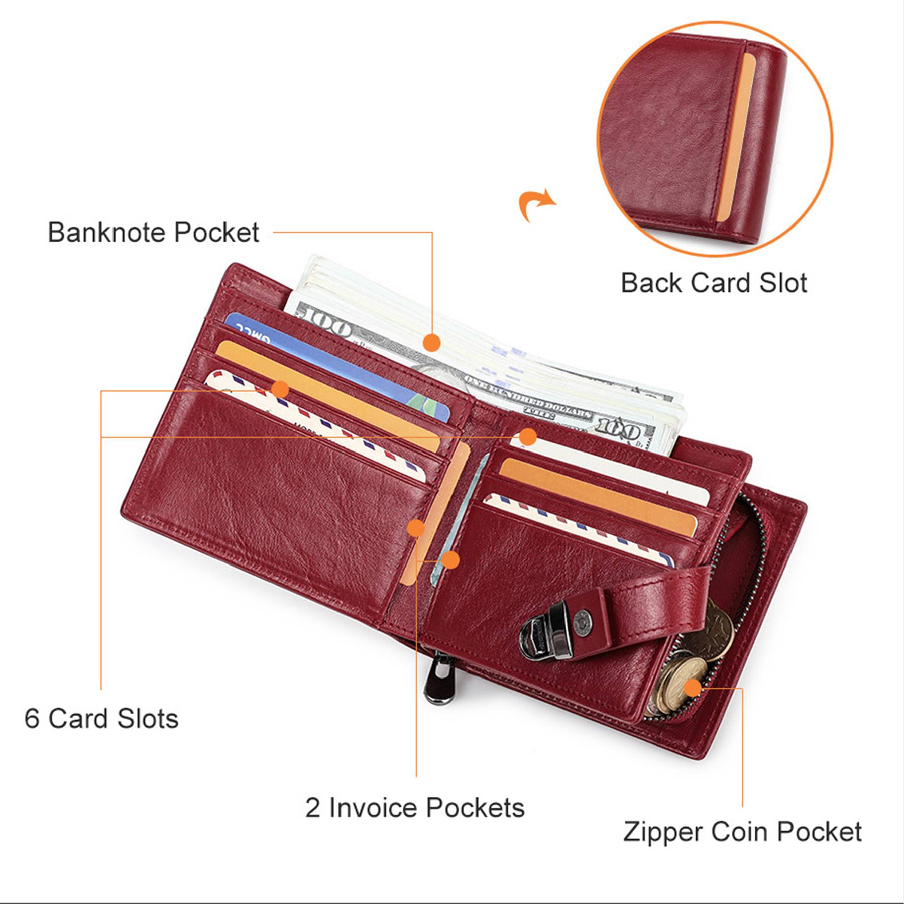 Genuine Leather RFID Small Square Buckle Wallet Women Red 5