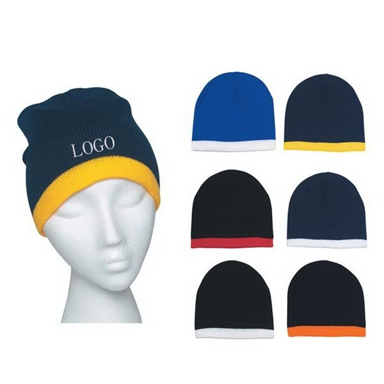 Knit Beanie Cap With Stripe 2
