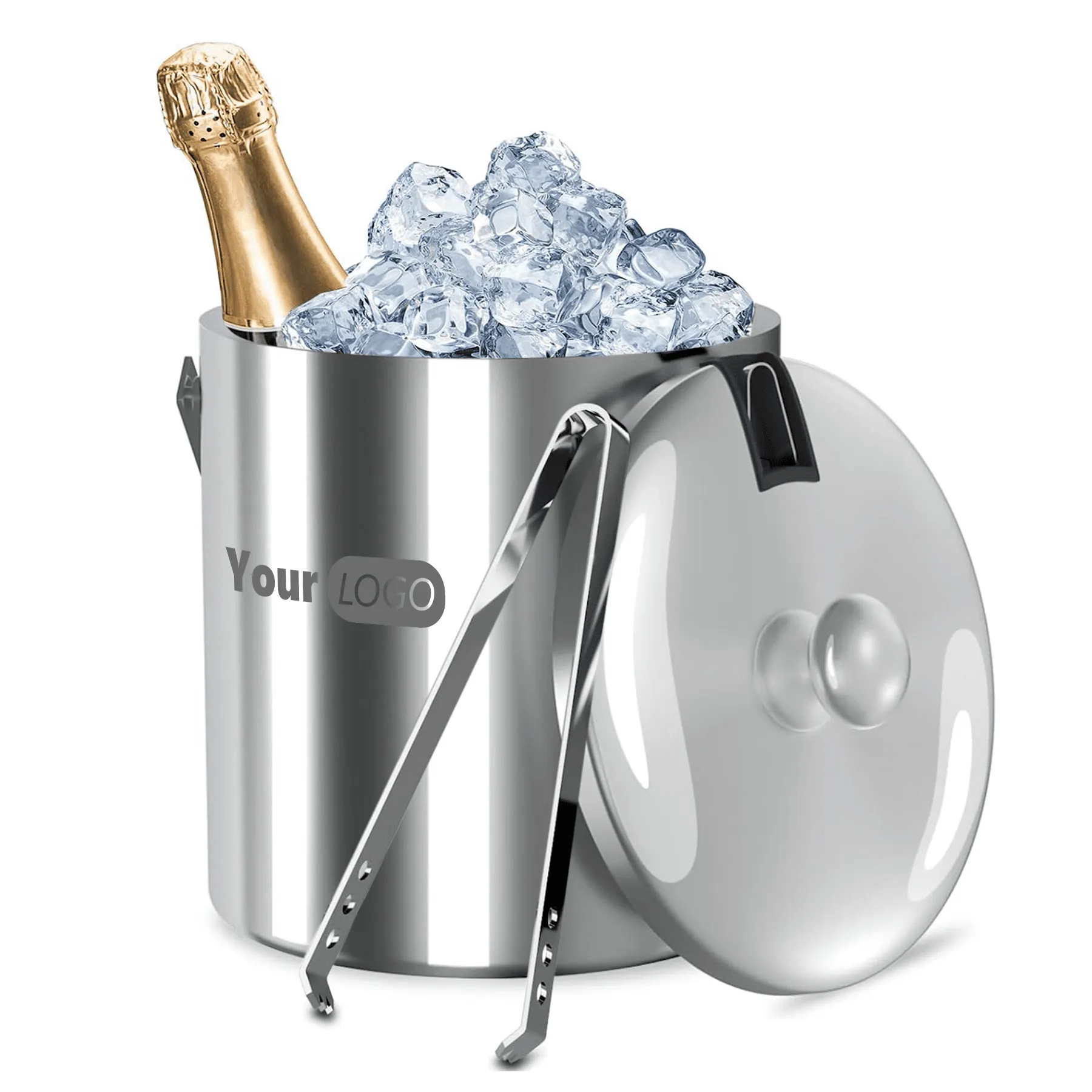 Double-Wall Stainless Insulated Ice Bucket w/Lid/Tong 1.3L 1