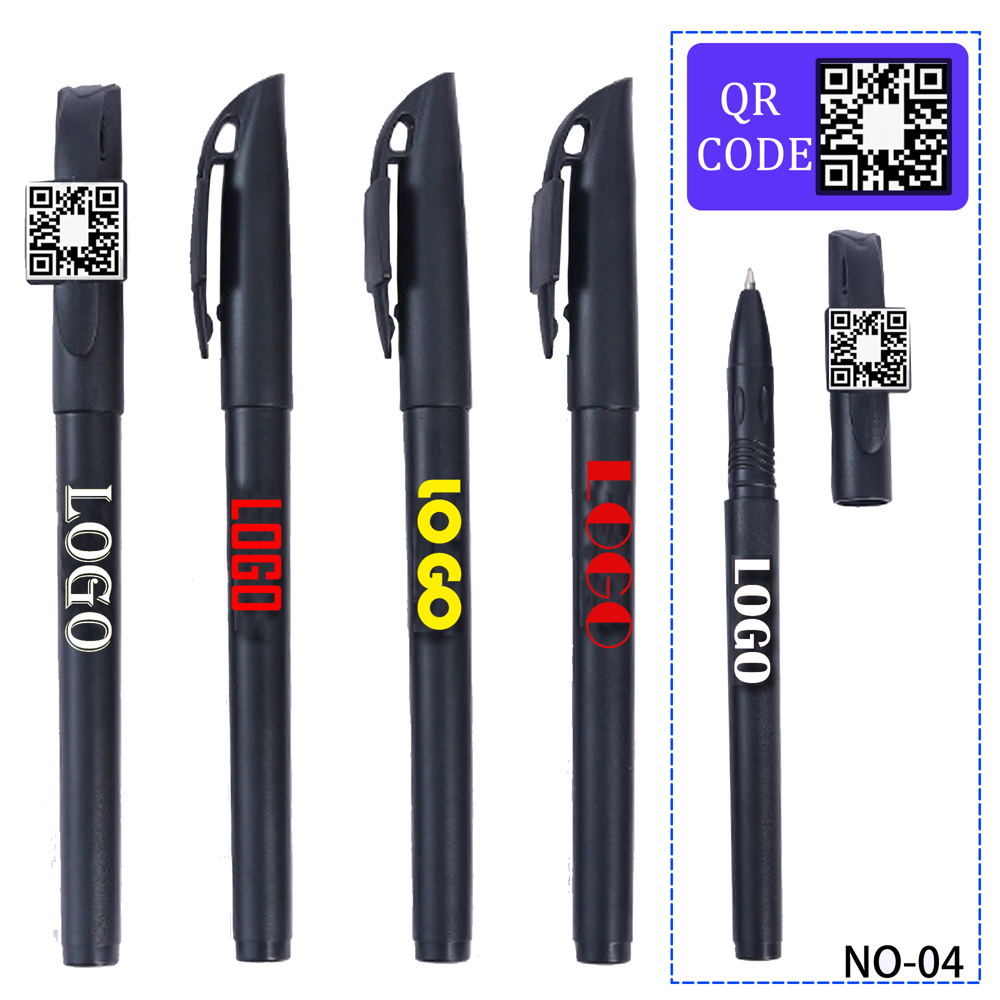 Gel pens that can print corporate logos and QR codes. 1